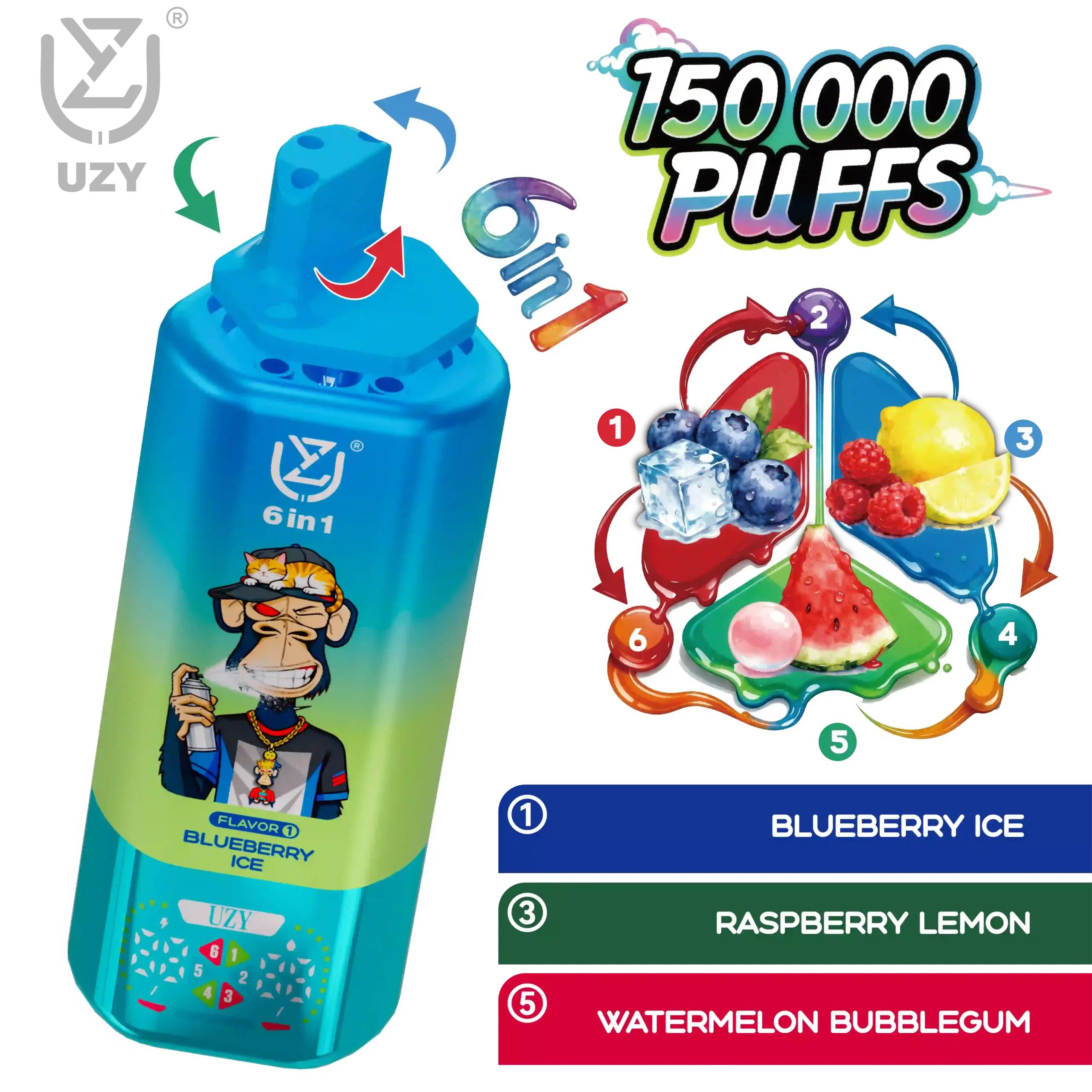 UZY 6-in-1 Flavor 150K Puffs Disposable Vape, Blueberry Ice, Raspberry Lemon and Watermelon Bubblegum combination, in supplier gallery artwork.