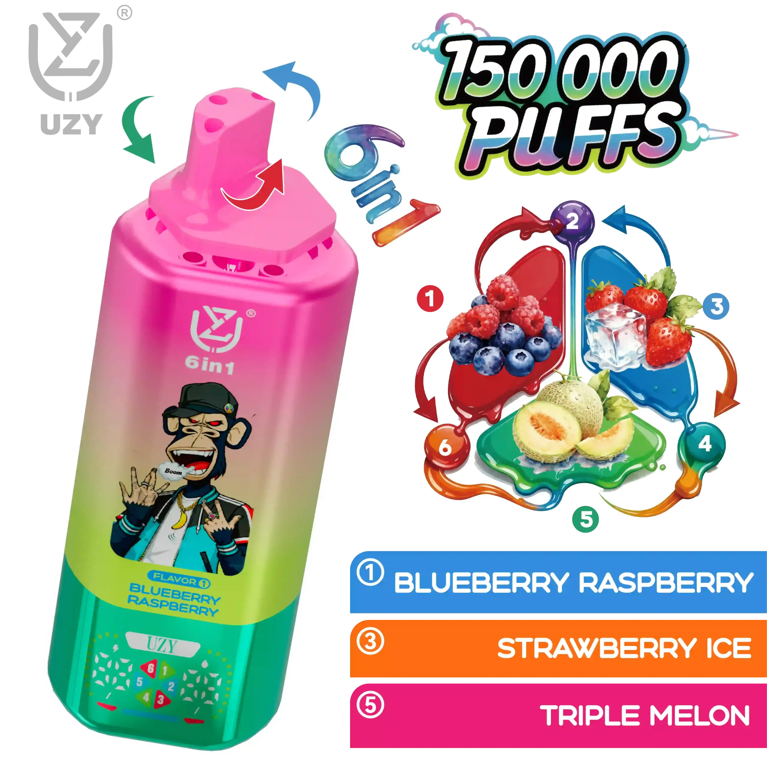UZY 6-in-1 Flavor 150K Puffs Disposable Vape, Blueberry Raspberry, Triple Melon and Strawberry Ice combination, presented in the supplier gallery artwork.