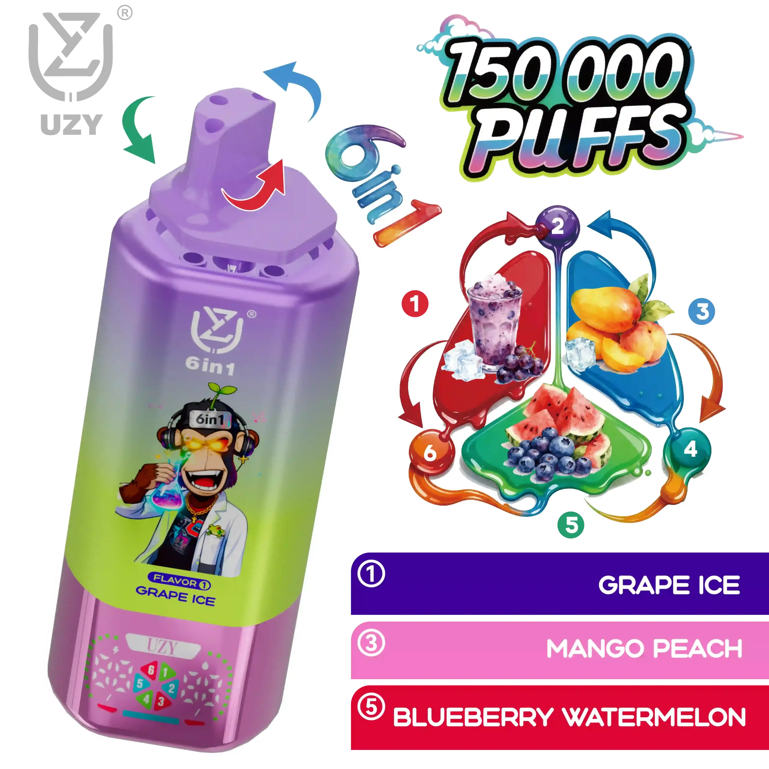 UZY 6-in-1 Flavor 150K Puffs Disposable Vape, Grape Ice, Mango Peach and Blueberry Watermelon combination, presented in the supplier gallery artwork.