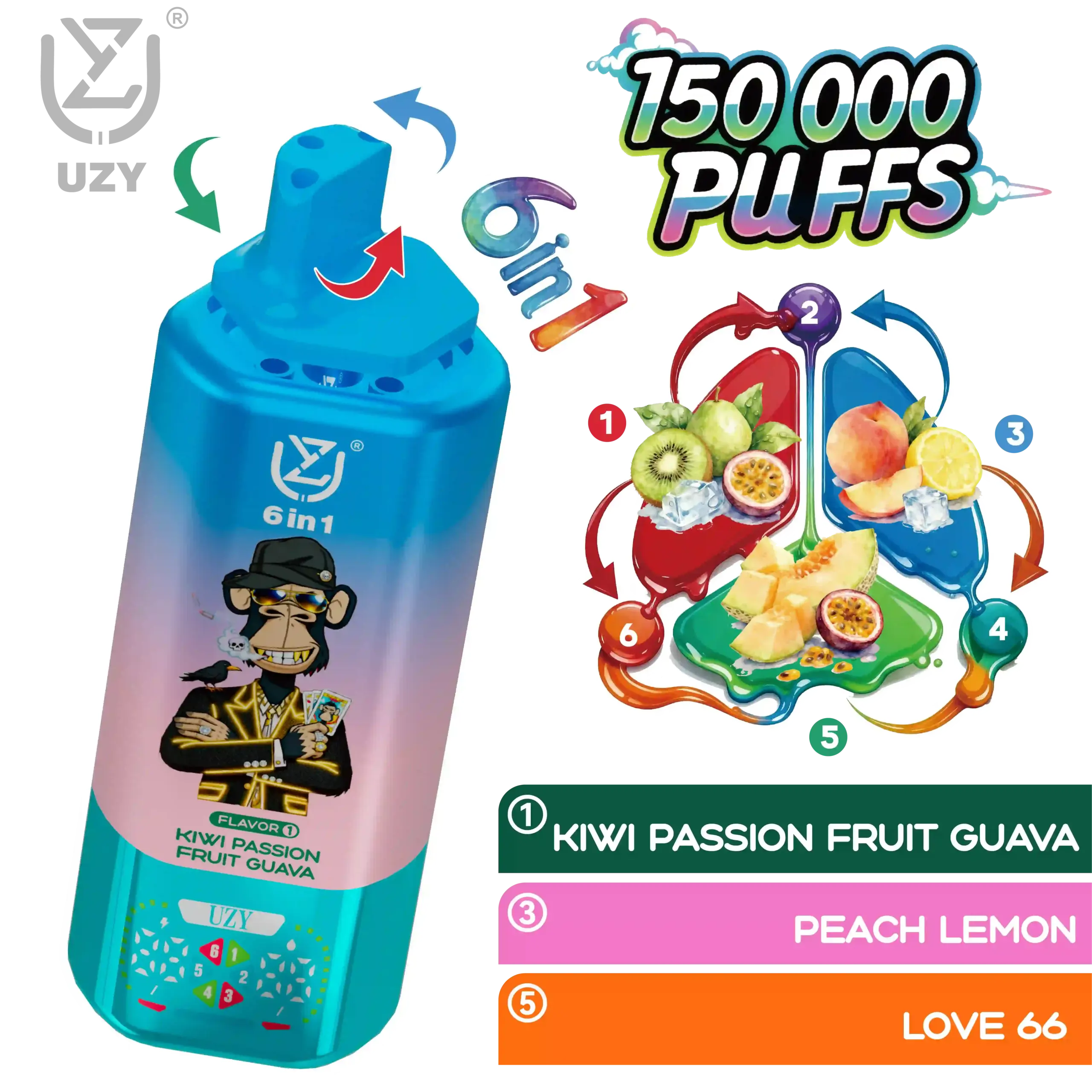 UZY 6-in-1 Flavor 150K Puffs Disposable Vape, Kiwi Passion Fruit Guava, Peach Lemon and Love 66 combination, presented in the supplier gallery artwork.