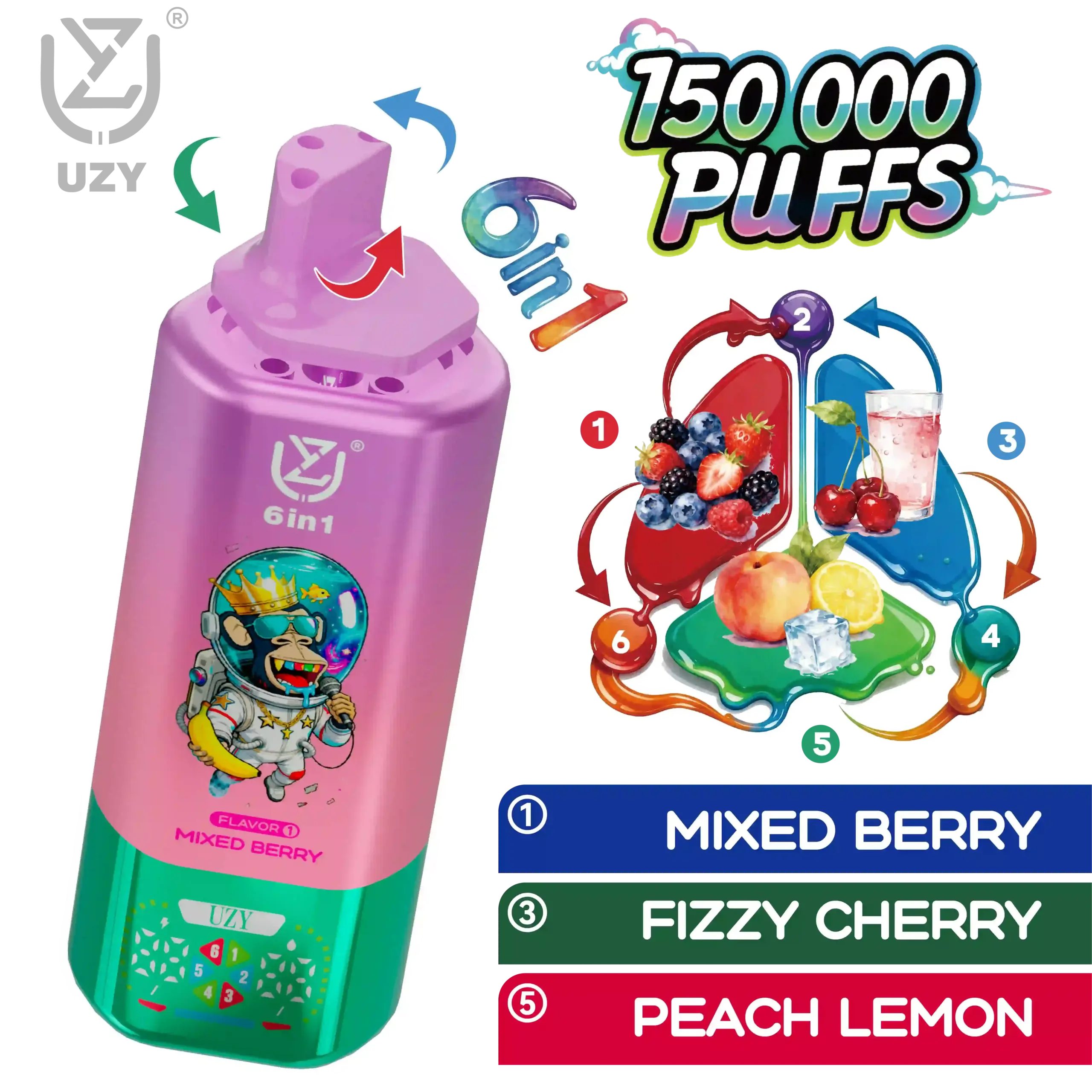 UZY 6-in-1 Flavor 150K Puffs Disposable Vape, Mixed Berry, Fizzy Cherry and Peach Lemon combination, presented in the supplier gallery artwork.