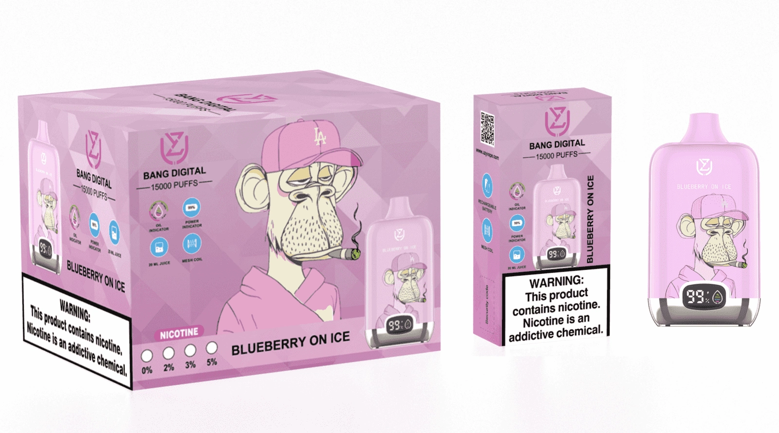 Uzy Bang Digital 15K Puffs Disposable Vape, Blueberry on Ice device and box set in a pale purple colorway, presented in the supplier gallery artwork.