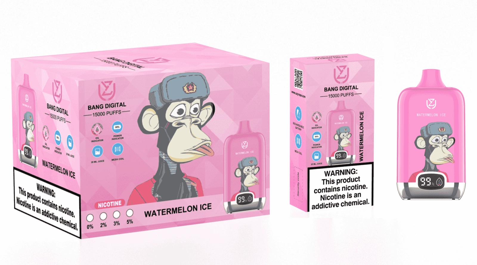 Uzy Bang Digital 15K Puffs Disposable Vape, Watermelon Ice device and box set in a pink colorway, presented in the supplier gallery artwork.