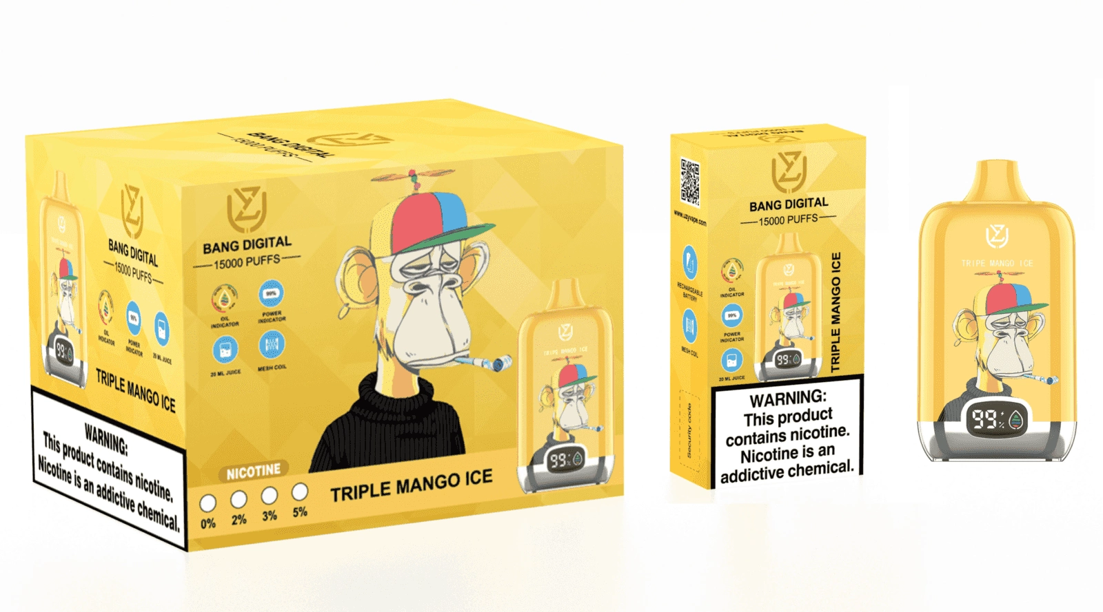 Uzy Bang Digital 15K Puffs Disposable Vape, Triple Mango Ice device and box set in a yellow colorway, presented in the supplier gallery artwork.