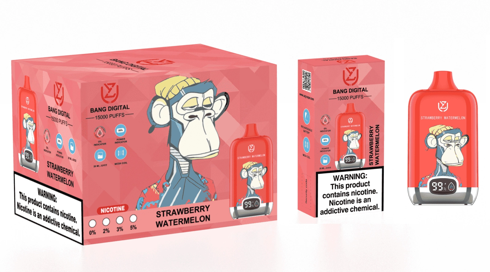 Uzy Bang Digital 15K Puffs Disposable Vape, Strawberry Watermelon device and box set in a red colorway, presented in the supplier gallery artwork.