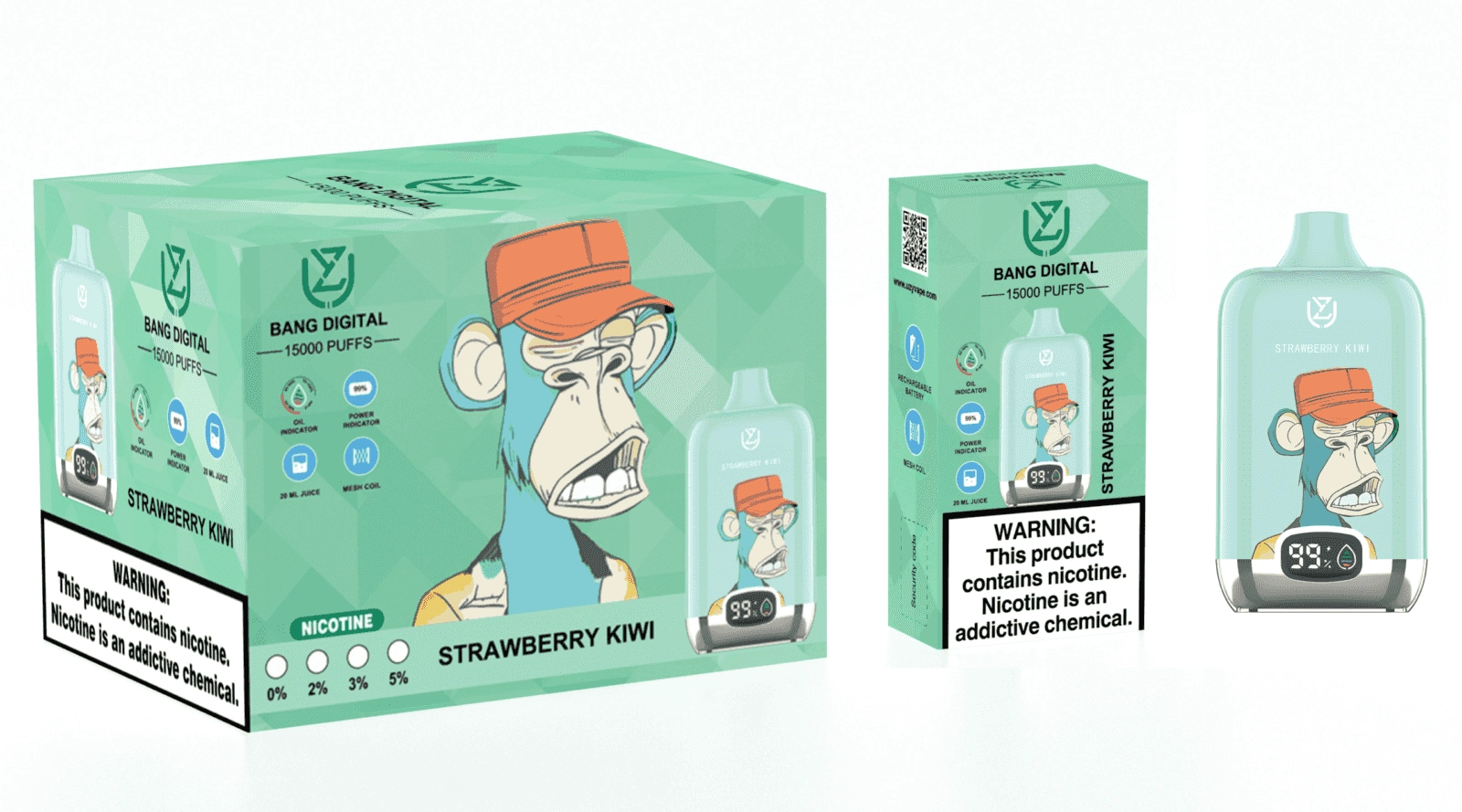 Uzy Bang Digital 15K Puffs Disposable Vape, Strawberry Kiwi device and box set in a mint colorway, presented in the supplier gallery artwork.