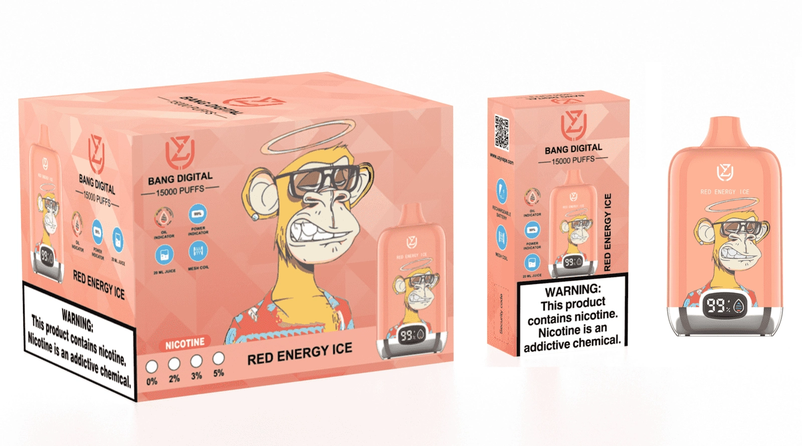 Uzy Bang Digital 15K Puffs Disposable Vape, Red Energy Ice device and box set in a coral colorway, presented in the supplier gallery artwork.