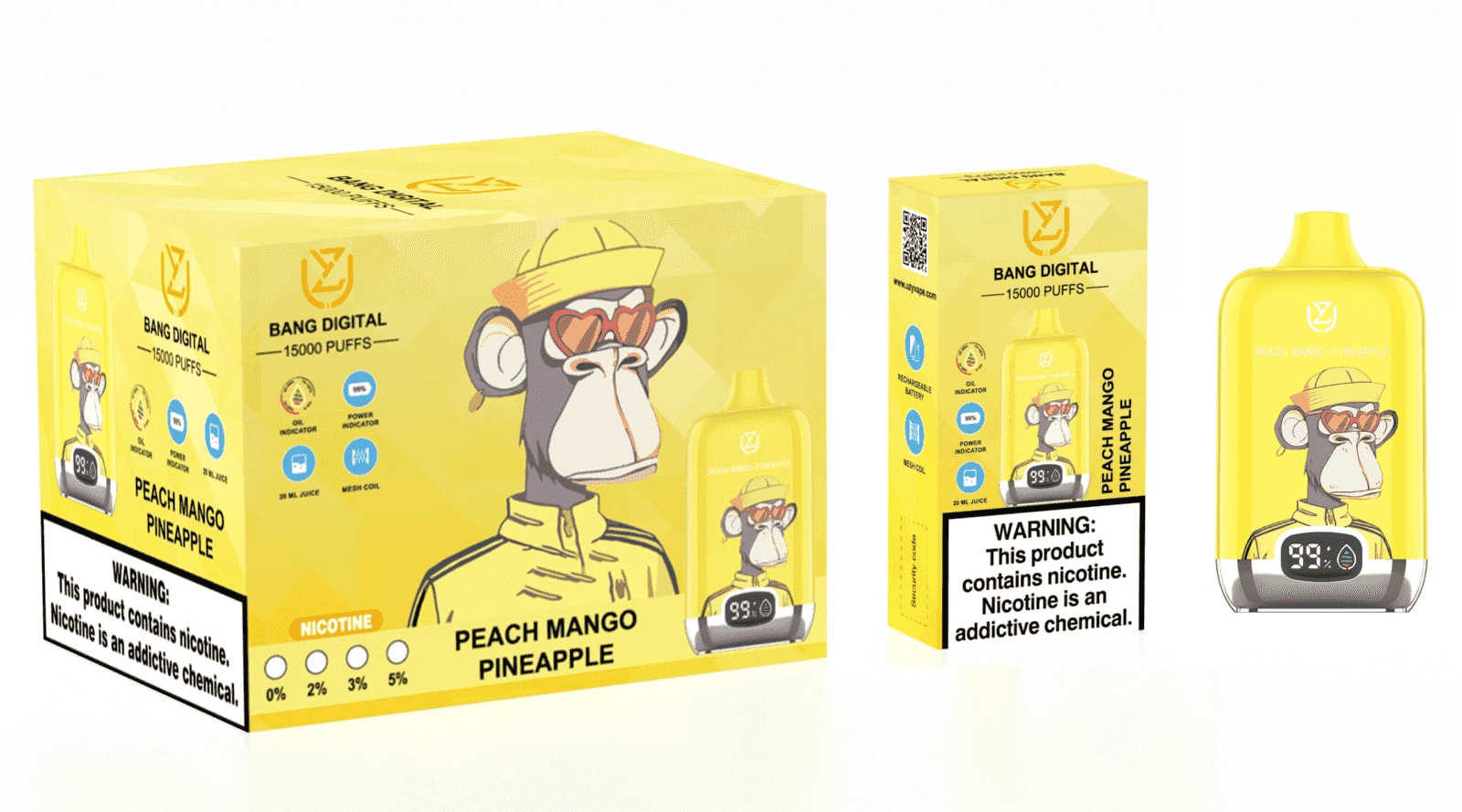 Uzy Bang Digital 15K Puffs Disposable Vape, Peach Mango Pineapple device and box set in a peach colorway, presented in the supplier gallery artwork.