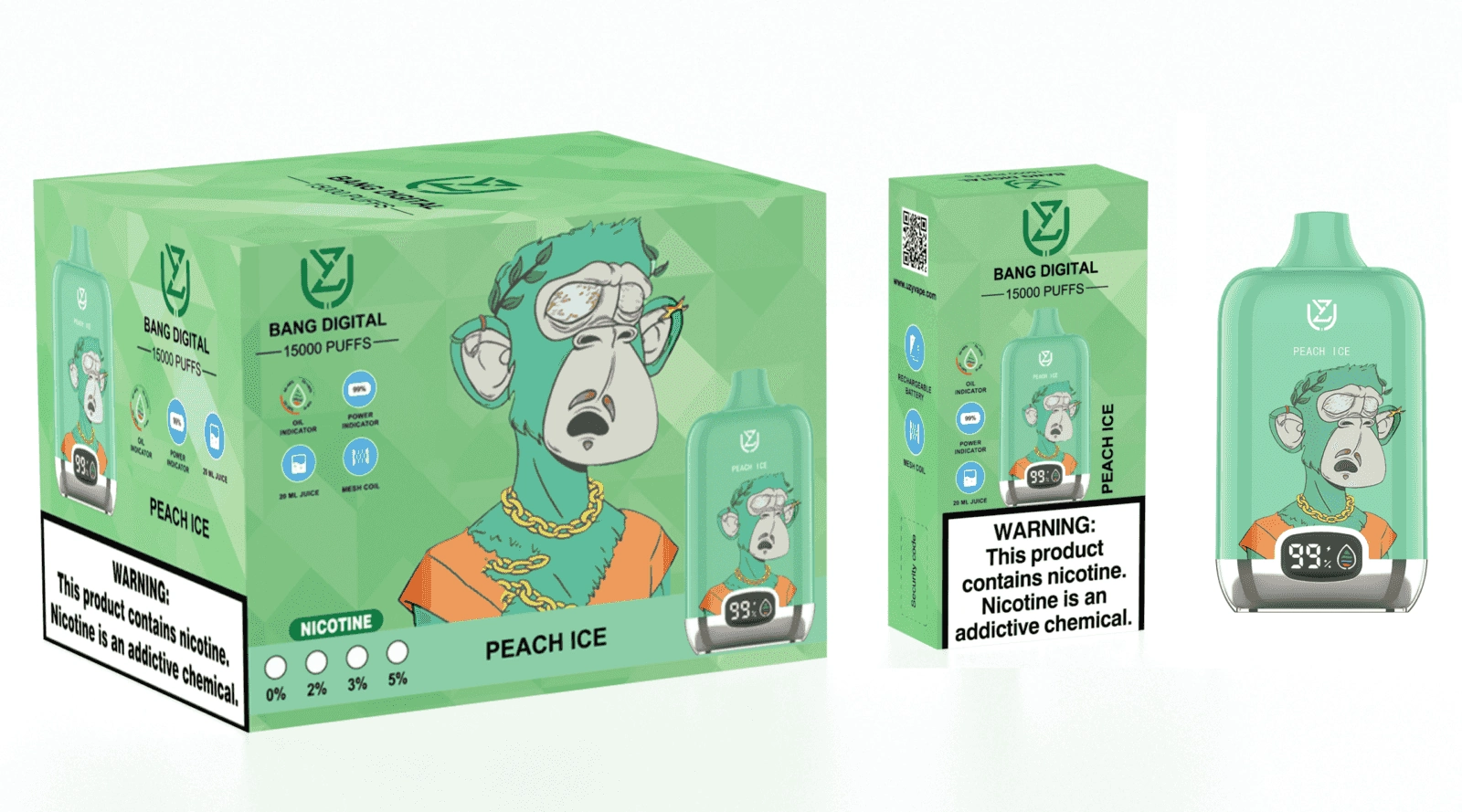 Uzy Bang Digital 15K Puffs Disposable Vape, Peach Ice device and box set in a light green colorway, presented in the supplier gallery artwork.