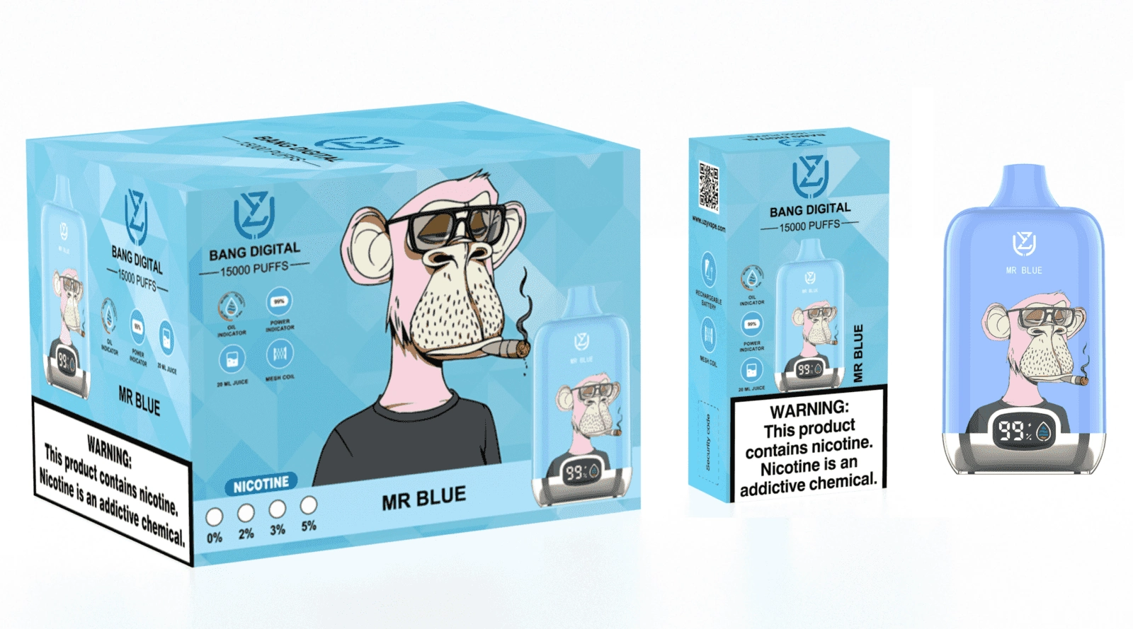 Uzy Bang Digital 15K Puffs Disposable Vape, Mr Blue device and box set in a blue colorway, presented in the supplier gallery artwork.