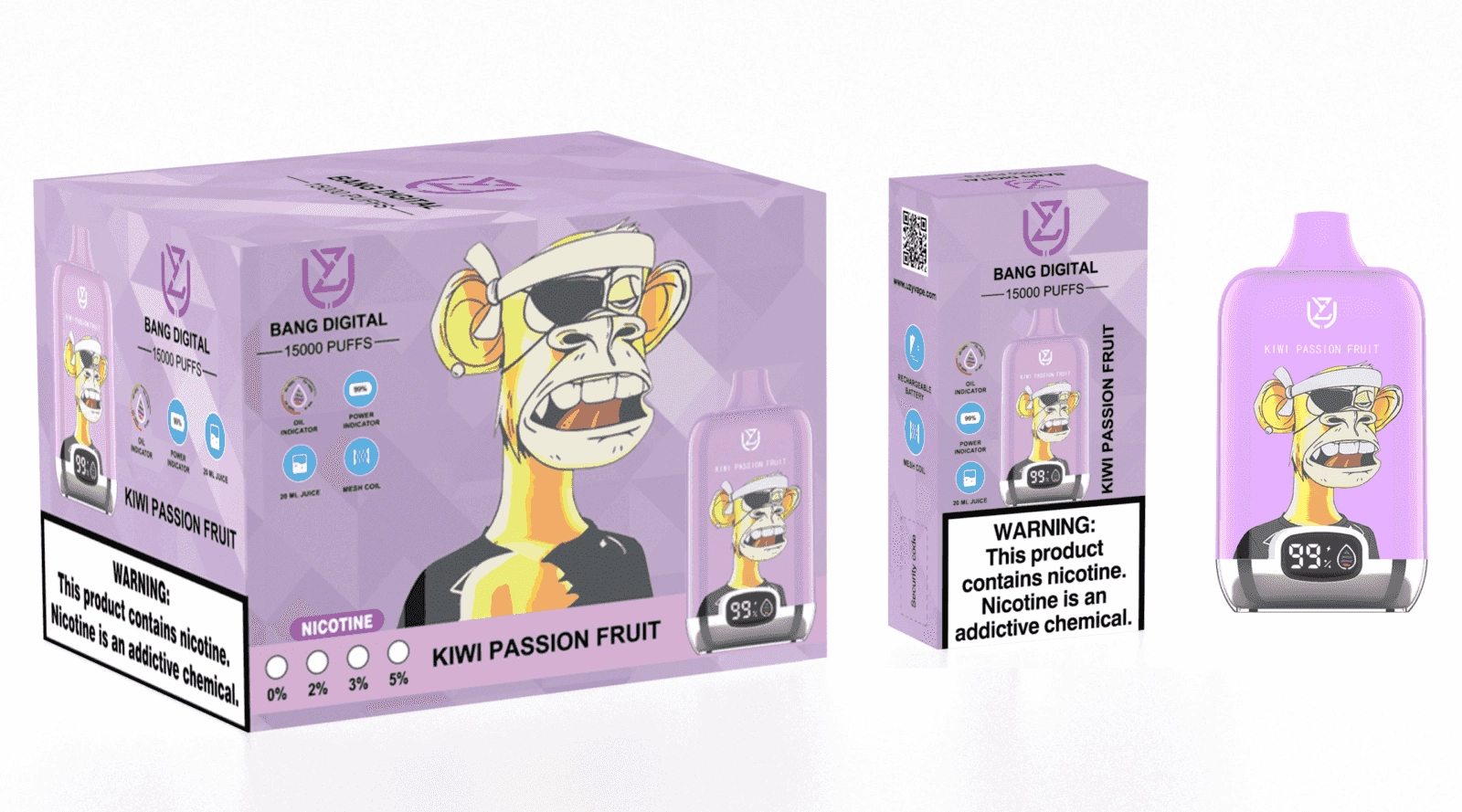 Uzy Bang Digital 15K Puffs Disposable Vape, Kiwi Passion Fruit device and box set in a lavender colorway, presented in the supplier gallery artwork.