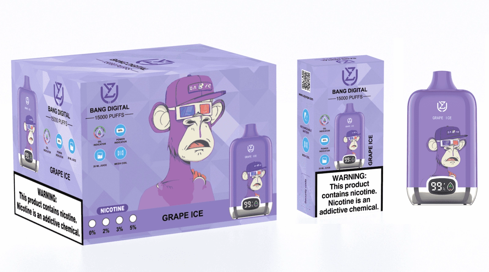 Uzy Bang Digital 15K Puffs Disposable Vape, Grape Ice device and box set in a violet colorway, presented in the supplier gallery artwork.