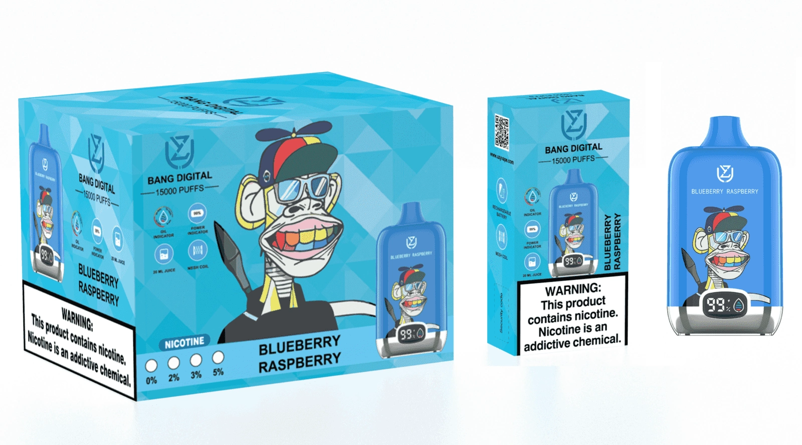 Uzy Bang Digital 15K Puffs Disposable Vape, Blueberry Raspberry device and box set in a cyan colorway, presented in the supplier gallery artwork.