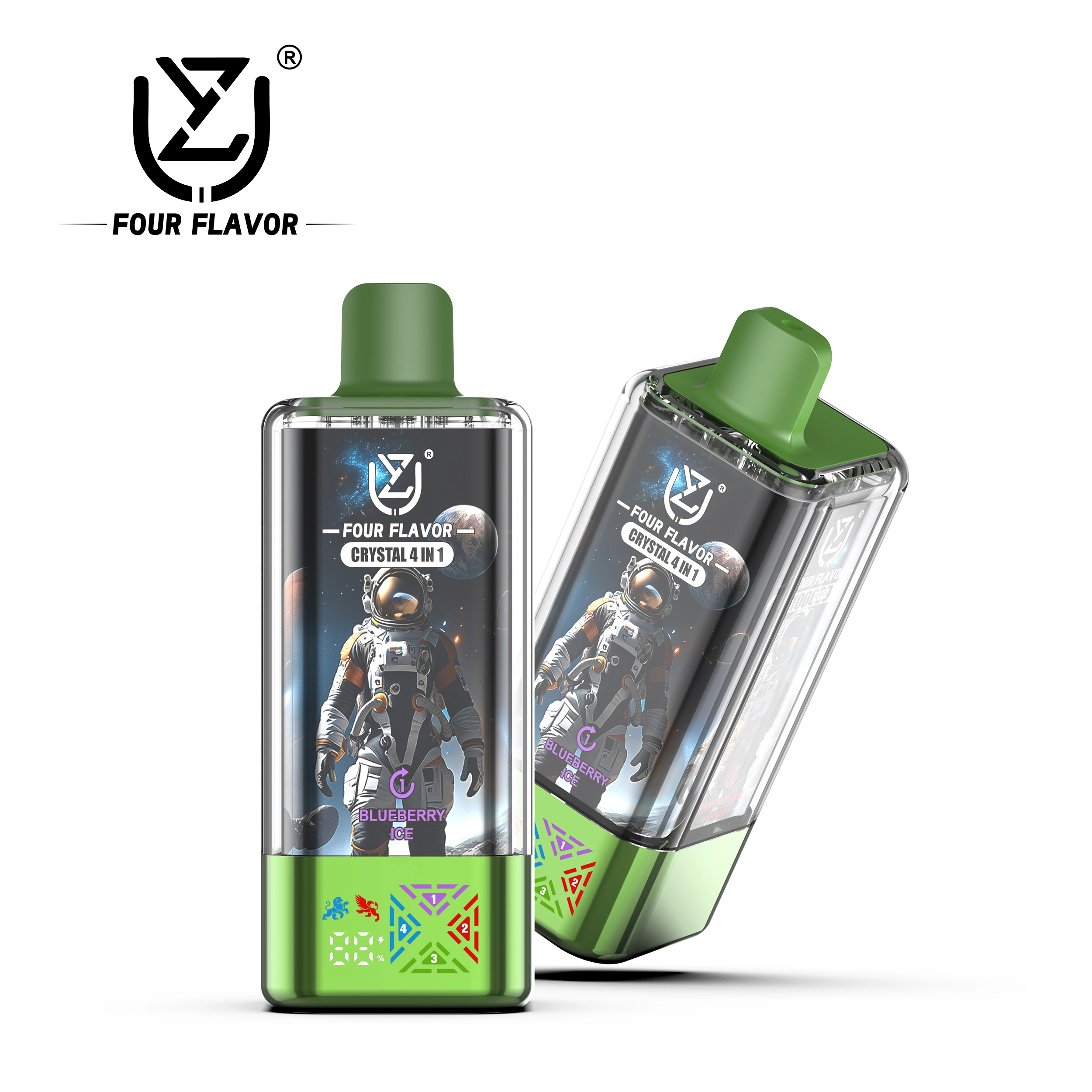 UZY Crystal 100K Puffs Disposable Vape, Blueberry Ice, Mango Peach Apricot, Kiwi Passion Fruit Guava and White Peach Razz, in supplier gallery artwork.