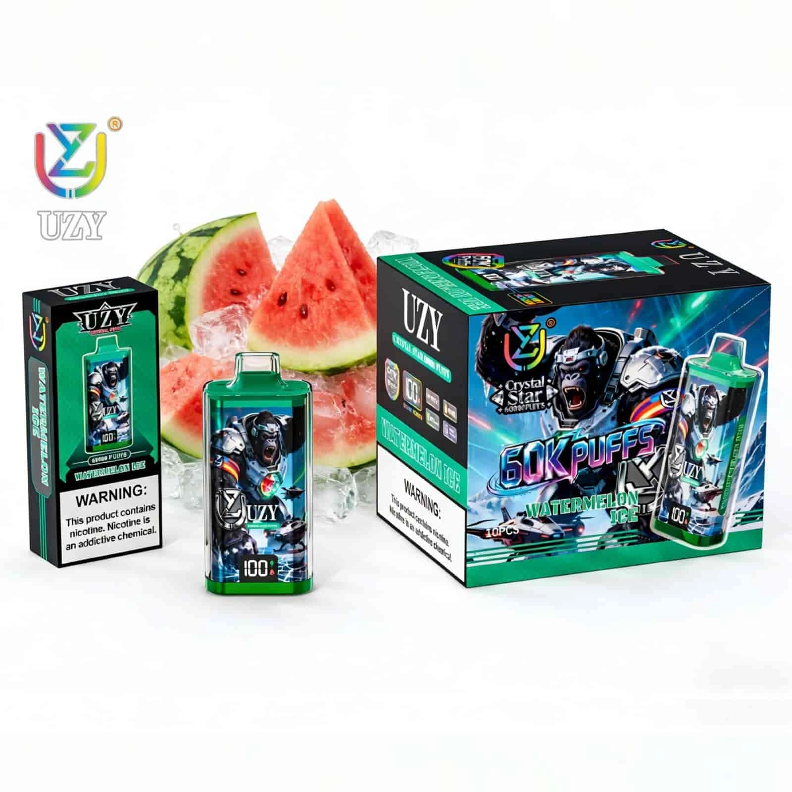 UZY Crystal Star 60K Puffs Disposable Vape, Watermelon Ice device and packaging beside watermelon slices, presented in the supplier gallery artwork.