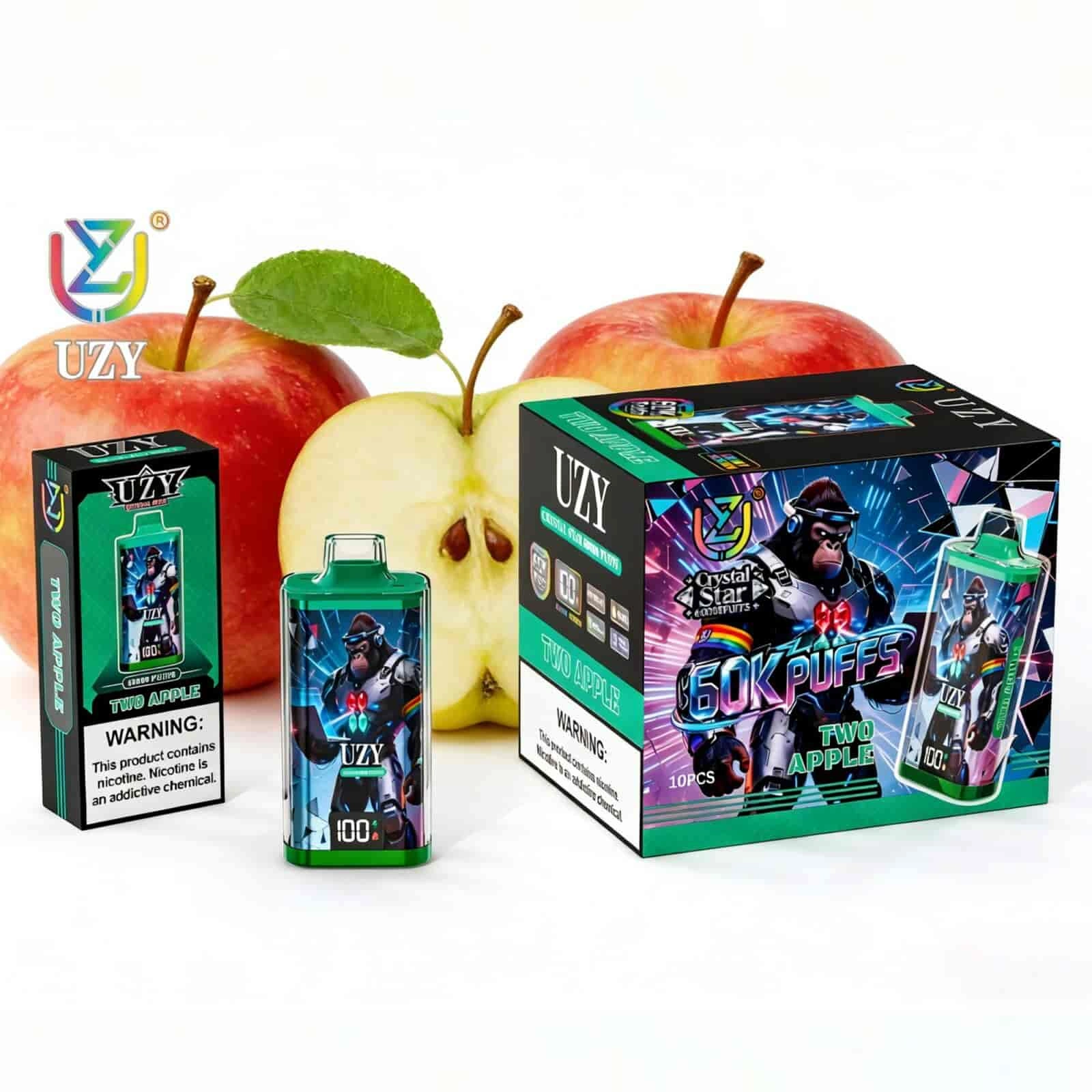UZY Crystal Star 60K Puffs Disposable Vape, Two Apple device and packaging beside green and red apples, presented in the supplier gallery artwork.