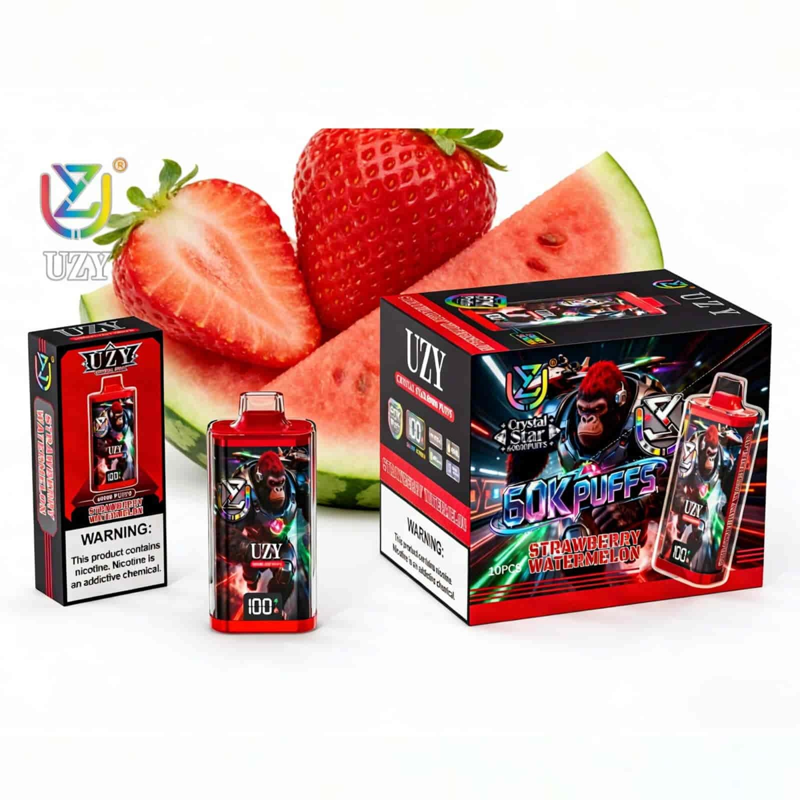 UZY Crystal Star 60K Puffs Disposable Vape, Strawberry Watermelon device and packaging beside strawberries and watermelon, in supplier gallery artwork.