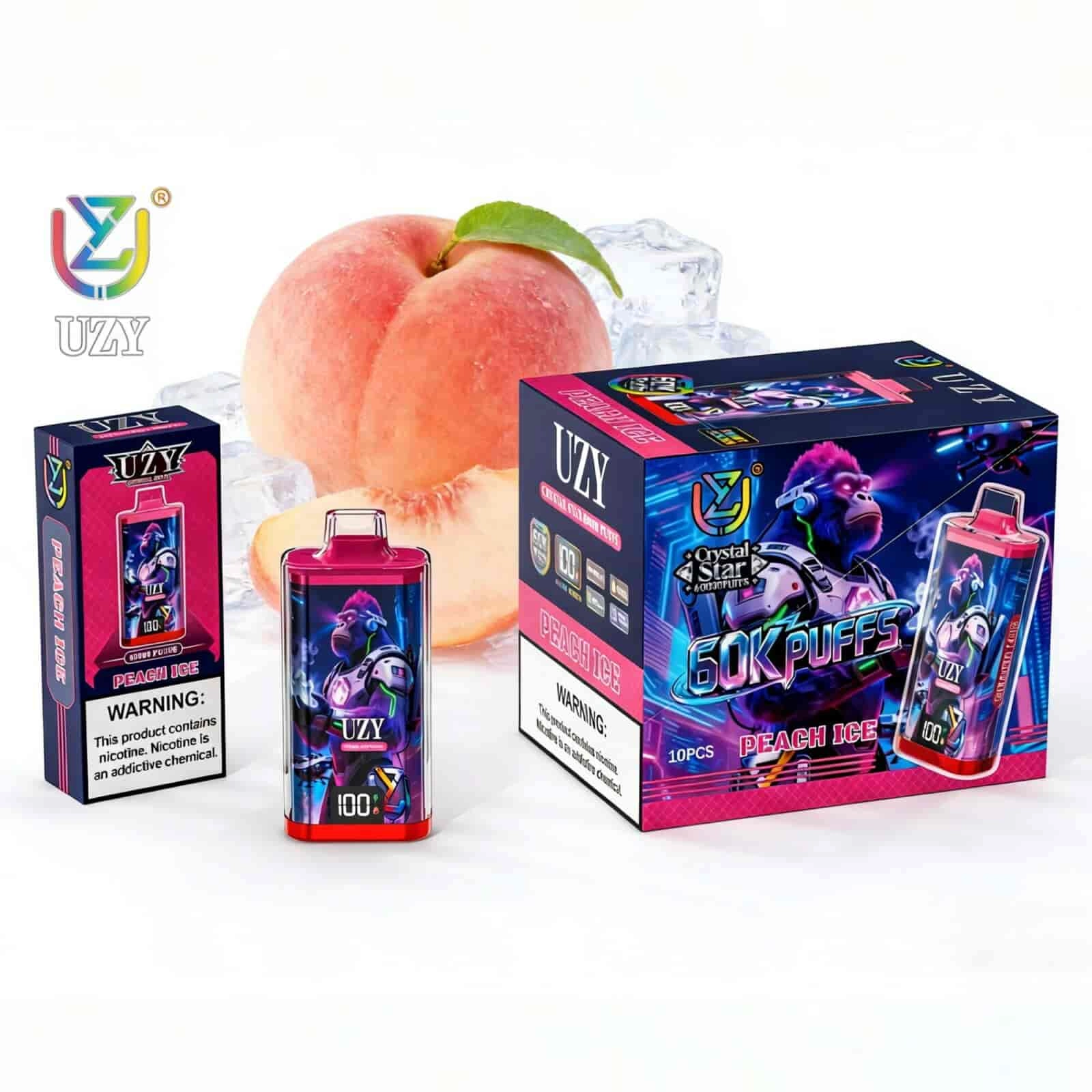 UZY Crystal Star 60K Puffs Disposable Vape, Peach Ice device and packaging beside peach fruit, presented in the supplier gallery artwork.