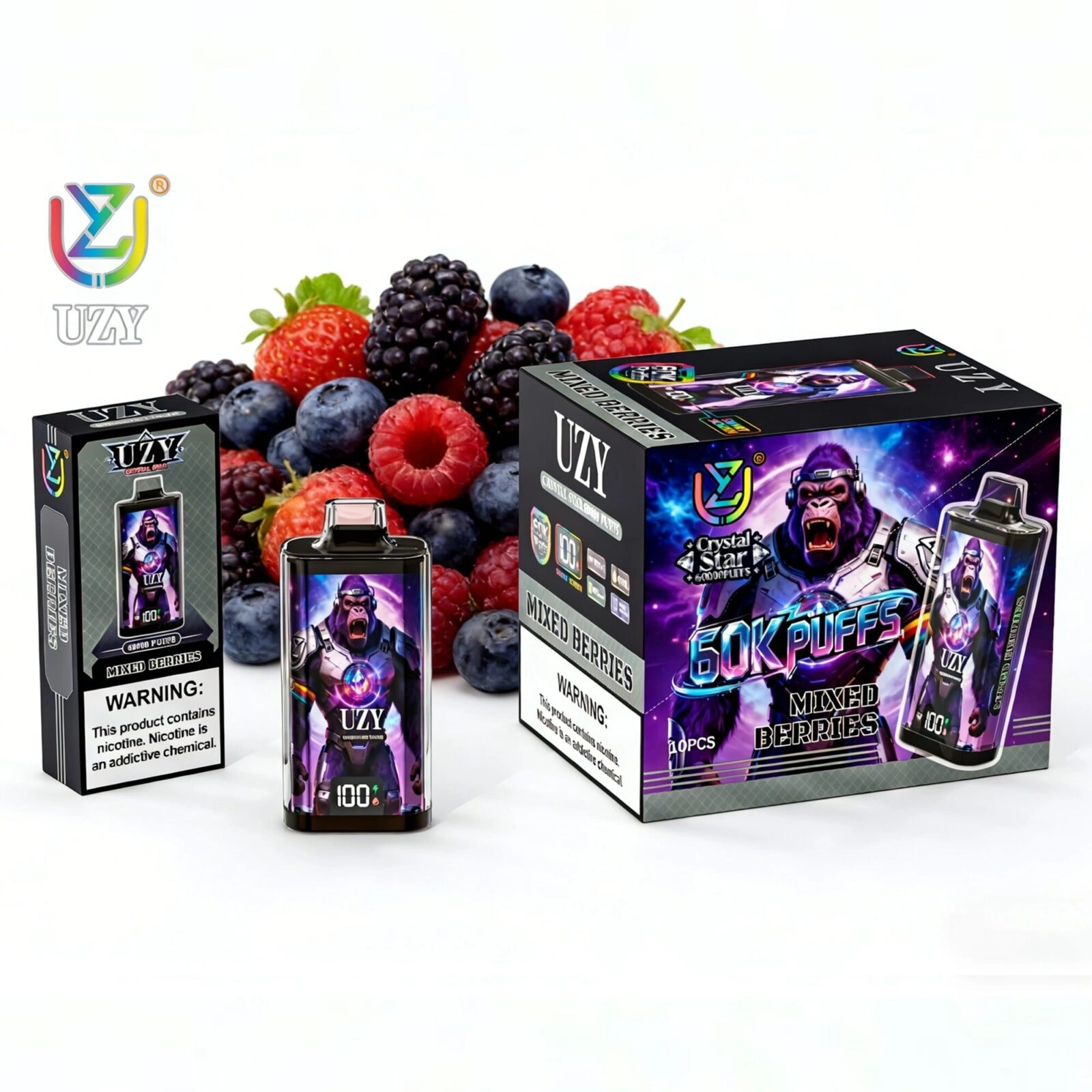 UZY Crystal Star 60K Puffs Disposable Vape, Mixed Berries device and packaging beside dark berry clusters, presented in the supplier gallery artwork.