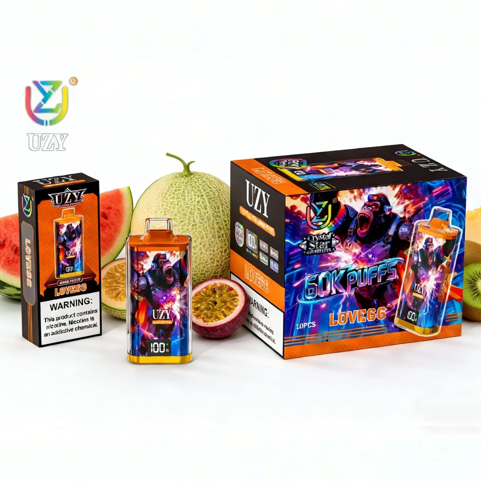 UZY Crystal Star 60K Puffs Disposable Vape, Love 66 device and packaging beside mixed citrus fruit, presented in the supplier gallery artwork.