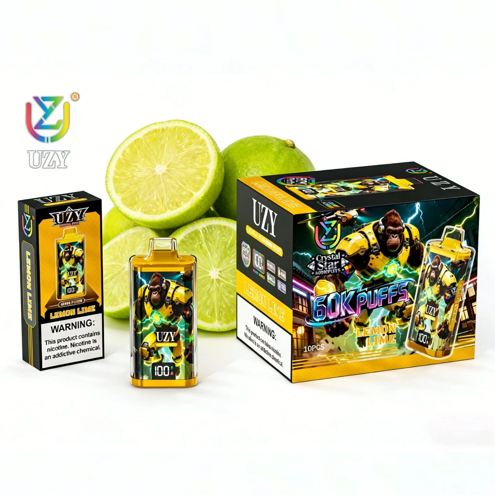 UZY Crystal Star 60K Puffs Disposable Vape, Lime device and packaging beside sliced limes, presented in the supplier gallery artwork.