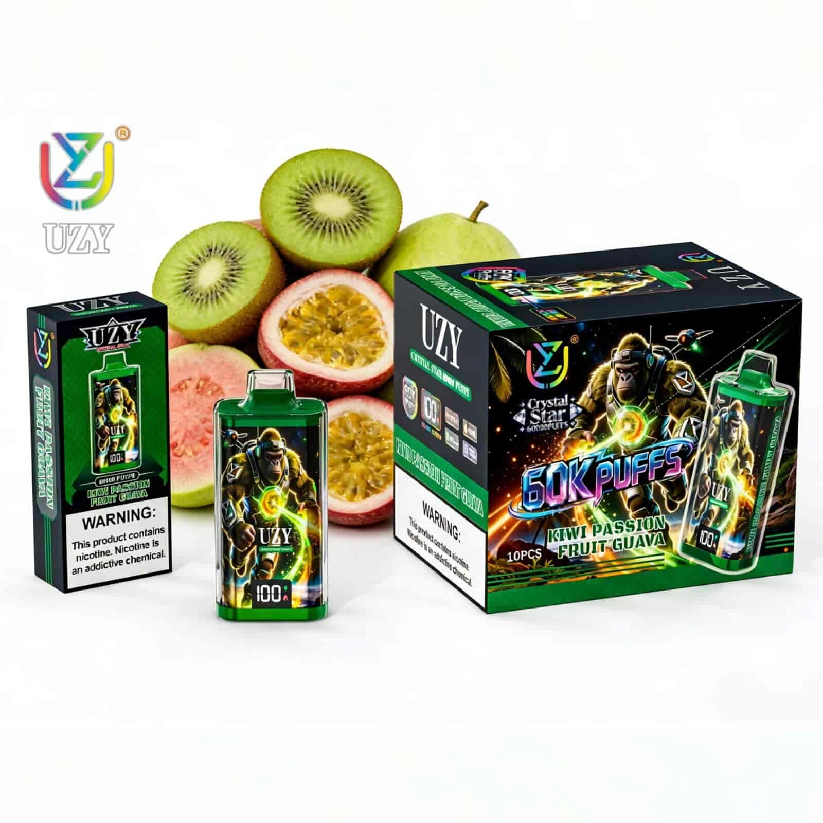 UZY Crystal Star 60K Puffs Disposable Vape, Kiwi Passion Fruit Guava device and packaging beside tropical fruit, presented in the supplier gallery artwork.