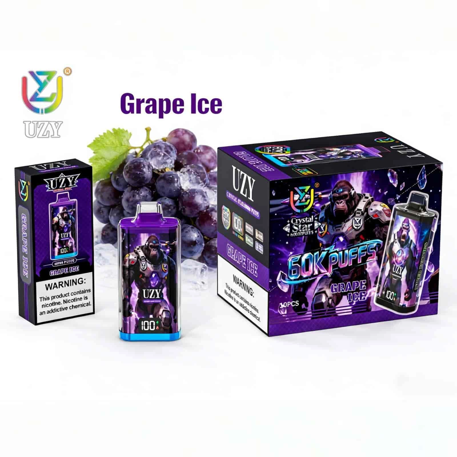 UZY Crystal Star 60K Puffs Disposable Vape, Grape Ice device and packaging beside purple grapes, presented in the supplier gallery artwork.