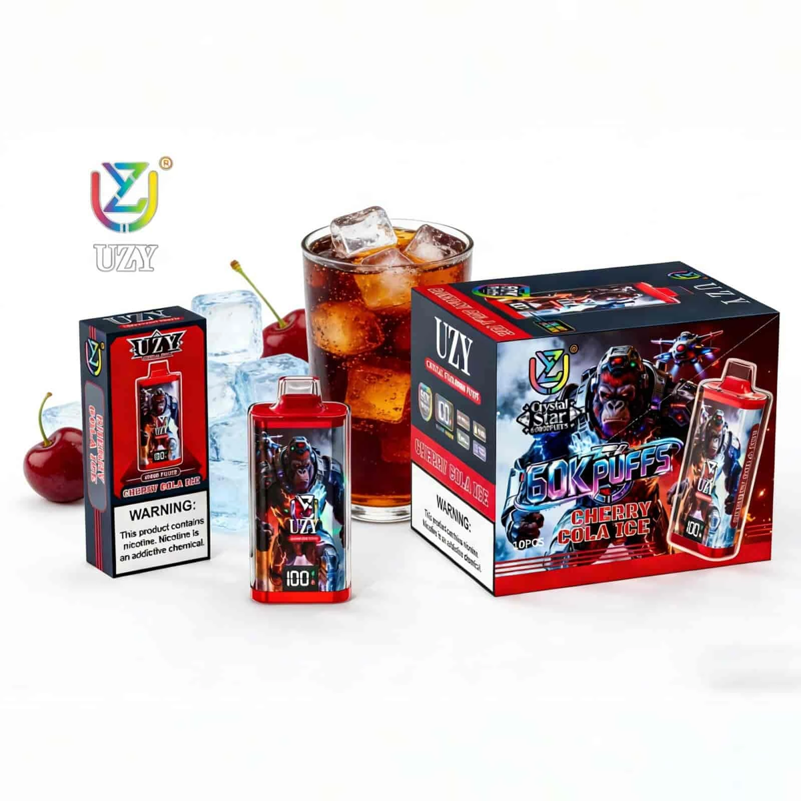 UZY Crystal Star 60K Puffs Disposable Vape, Cherry Cola Ice device and packaging beside cherries and cola, presented in the supplier gallery artwork.
