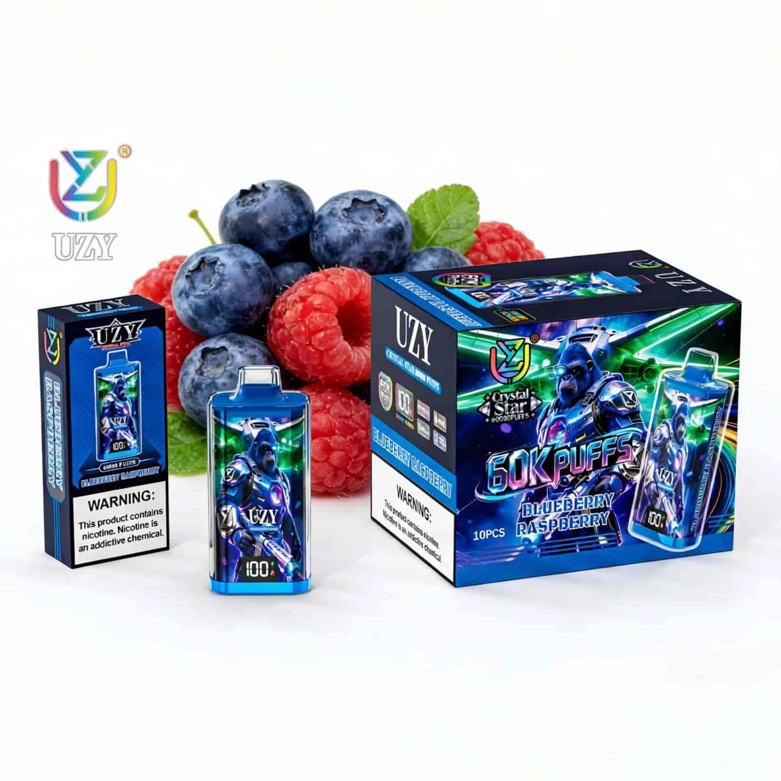 UZY Crystal Star 60K Puffs Disposable Vape, Blueberry Raspberry device and packaging beside mixed berries, presented in the supplier gallery artwork.