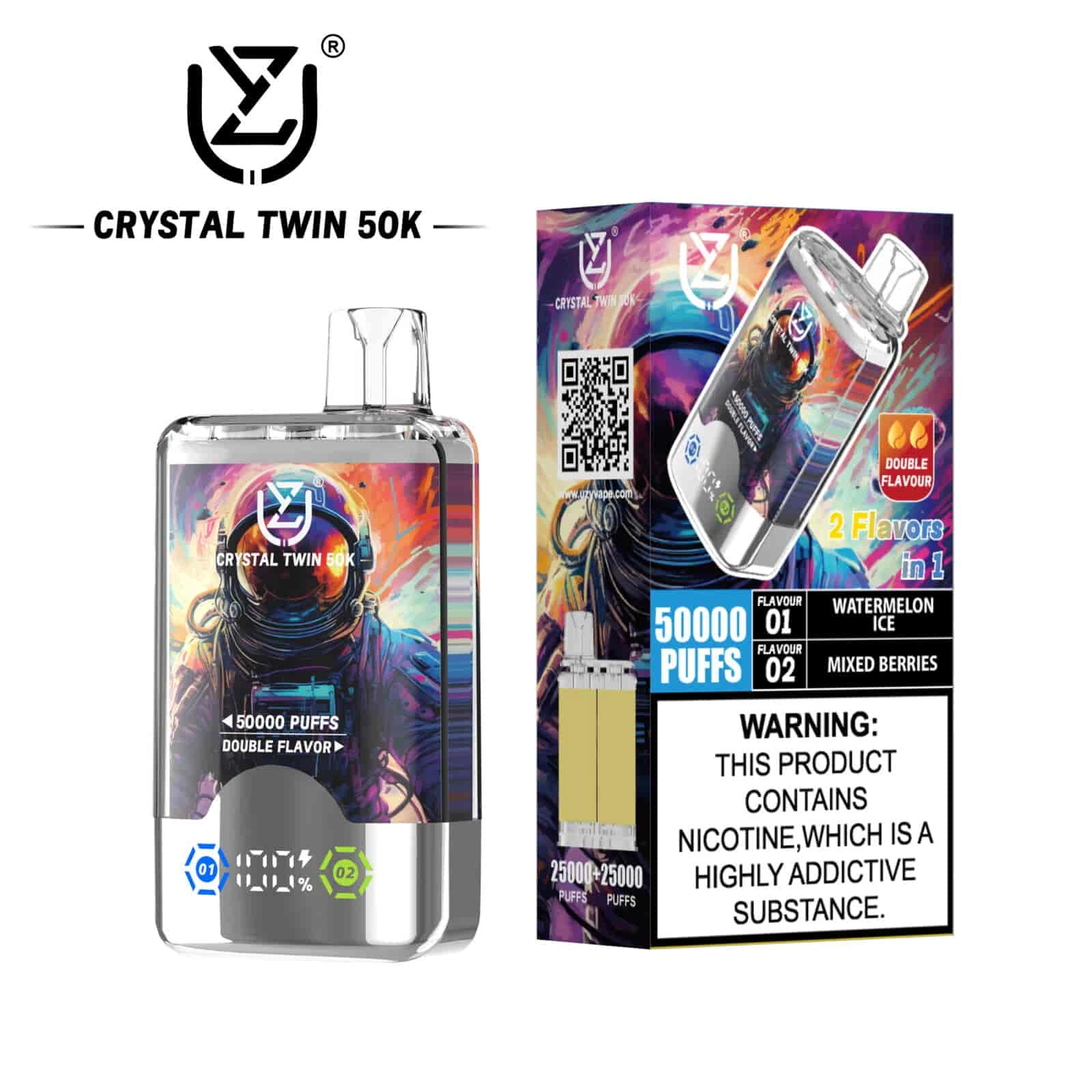 UZY Crystal Twin 50K Puffs Disposable Vape, Watermelon Ice and Mixed Berries dual-flavor variant, presented in the supplier gallery artwork.