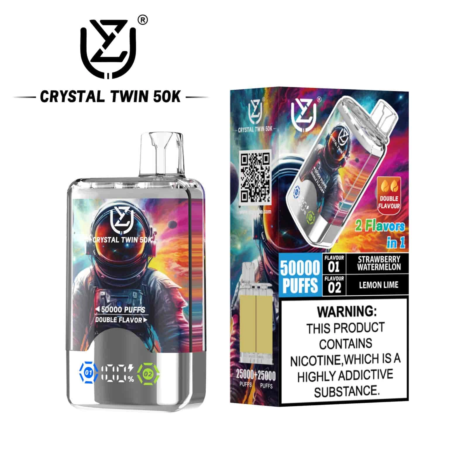 UZY Crystal Twin 50K Puffs Disposable Vape, Strawberry Watermelon and Lemon Lime dual-flavor variant, presented in the supplier gallery artwork.