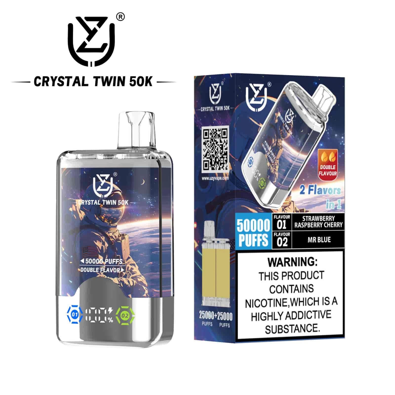 UZY Crystal Twin 50K Puffs Disposable Vape, Strawberry Raspberry Cherry and Mr Blue dual-flavor variant, presented in the supplier gallery artwork.
