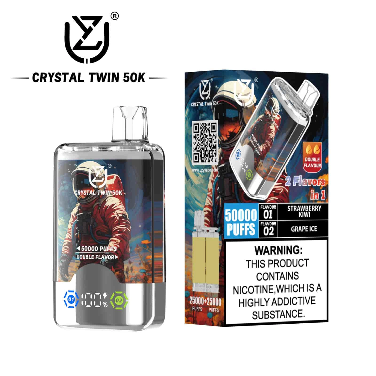 UZY Crystal Twin 50K Puffs Disposable Vape, Strawberry Kiwi and Grape Ice dual-flavor variant, presented in the supplier gallery artwork.