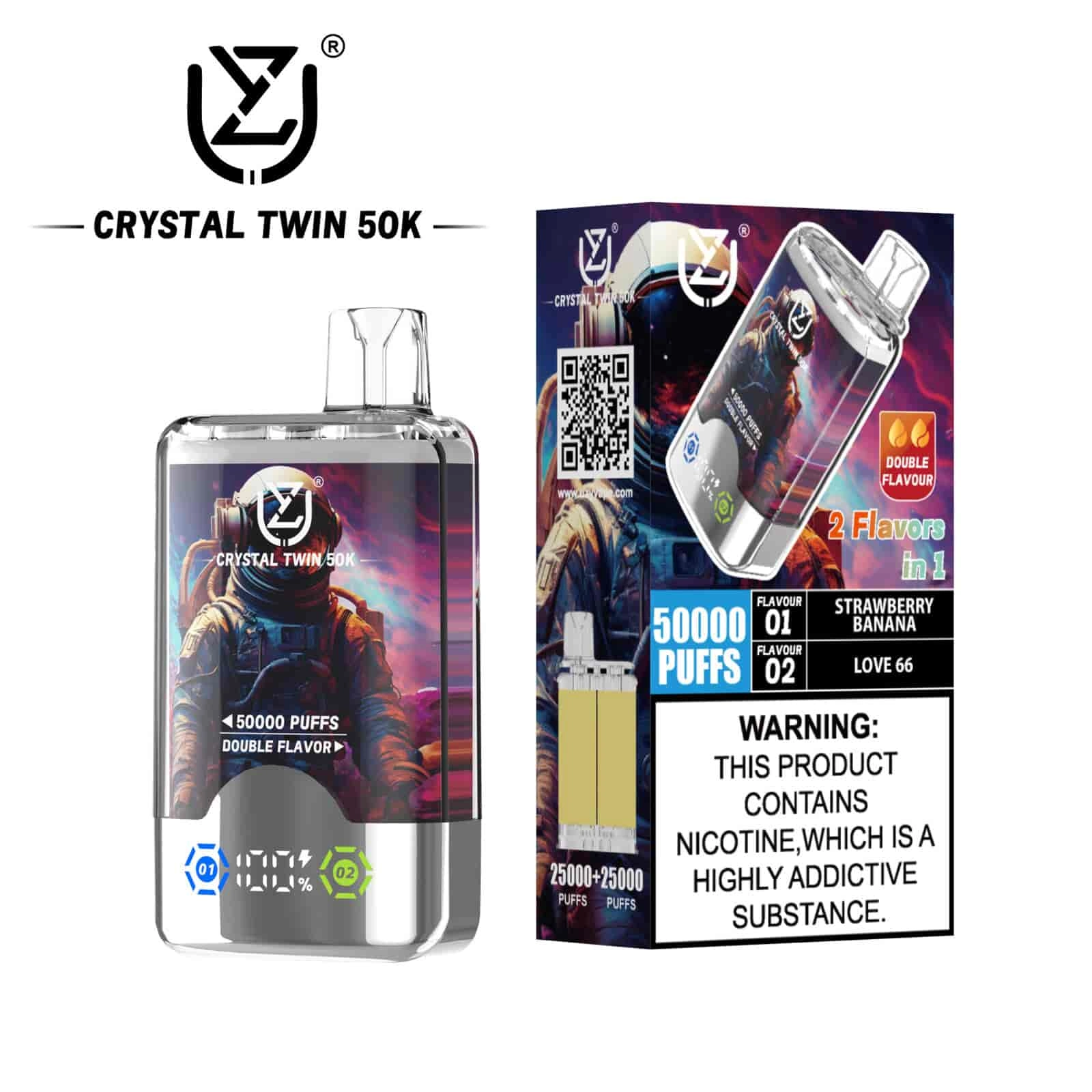 UZY Crystal Twin 50K Puffs Disposable Vape, Strawberry Banana and Love 66 dual-flavor variant, presented in the supplier gallery artwork.