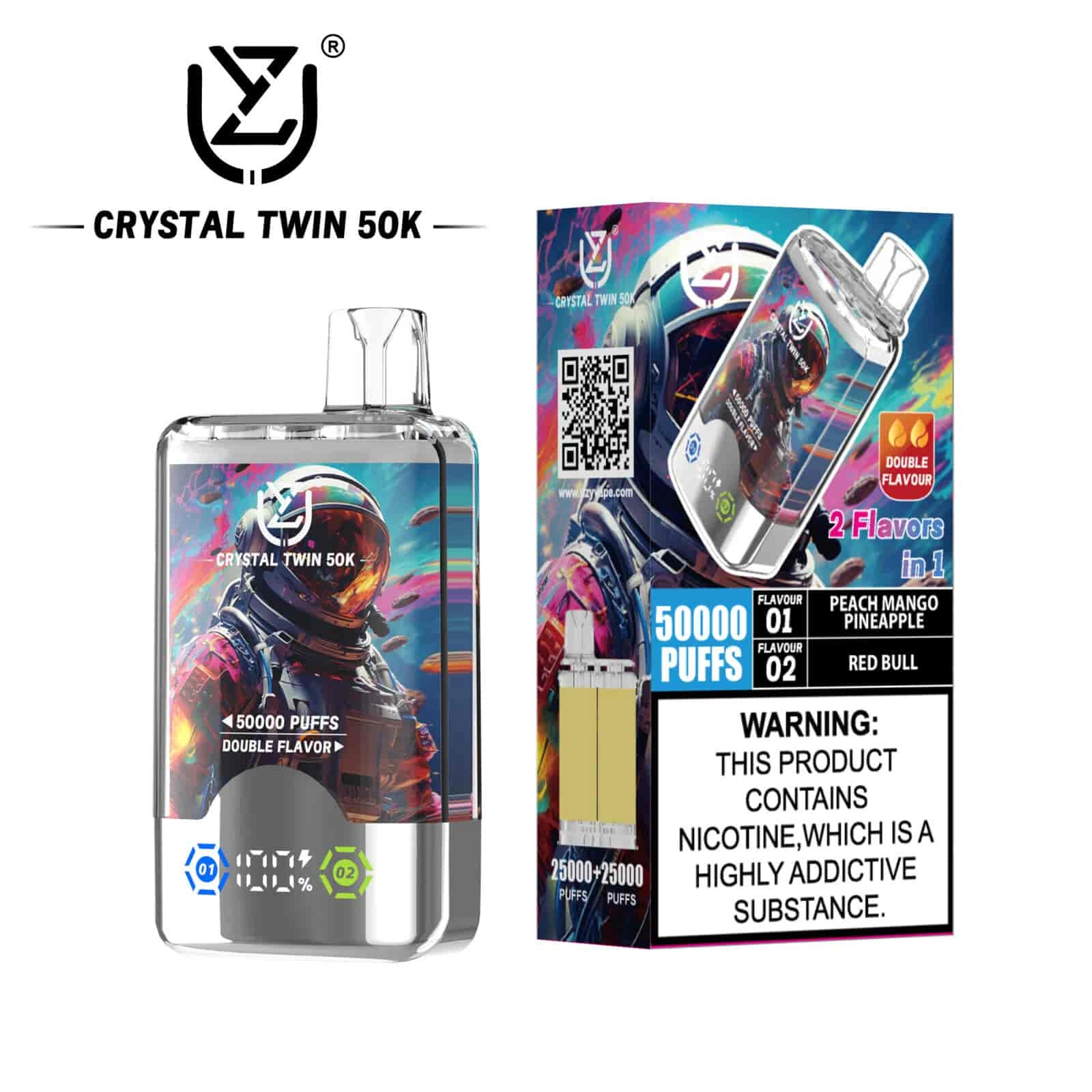 UZY Crystal Twin 50K Puffs Disposable Vape, Peach Mango Pineapple and Red Bull dual-flavor variant, presented in the supplier gallery artwork.