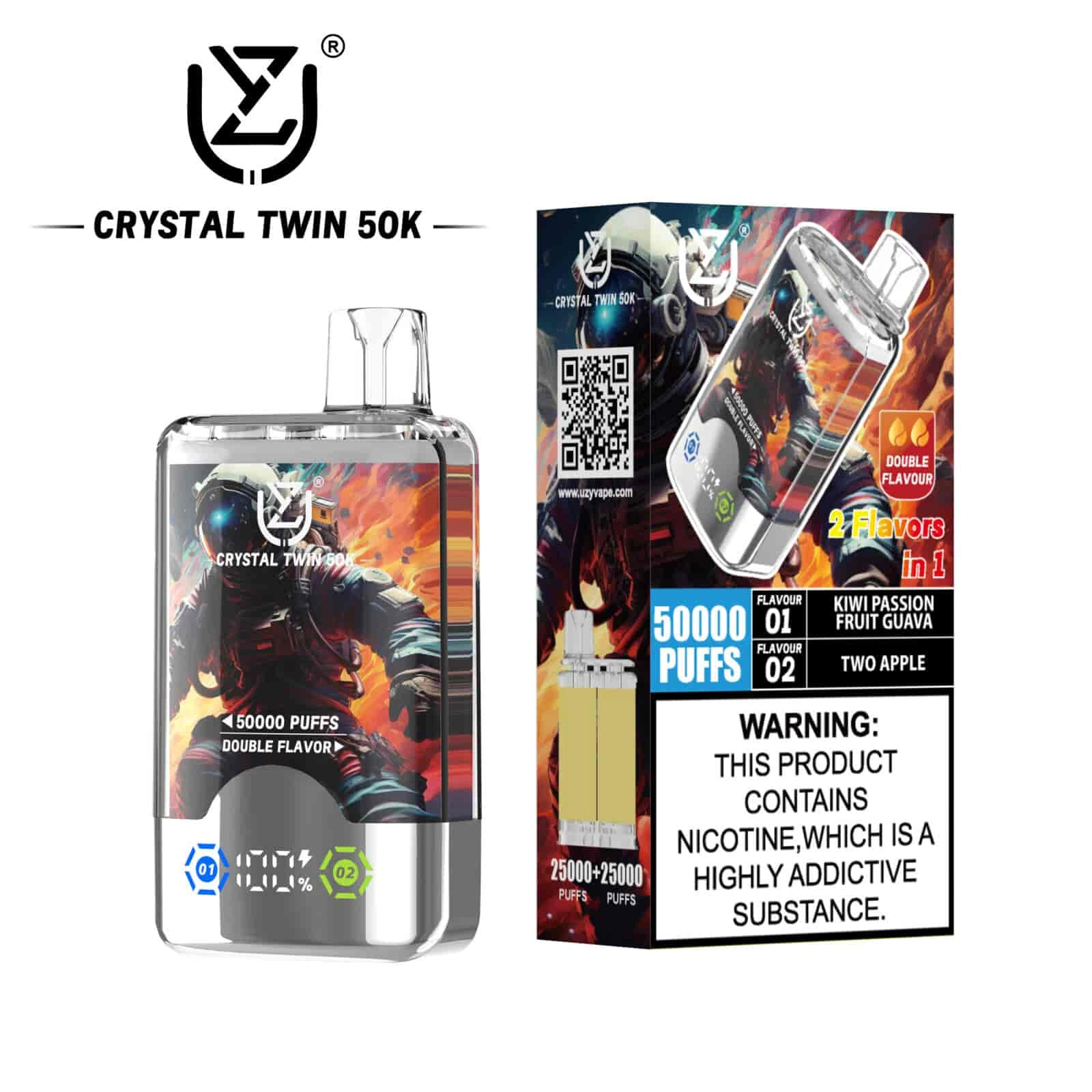 UZY Crystal Twin 50K Puffs Disposable Vape, Kiwi Passion Fruit Guava and Two Apple dual-flavor variant, presented in the supplier gallery artwork.
