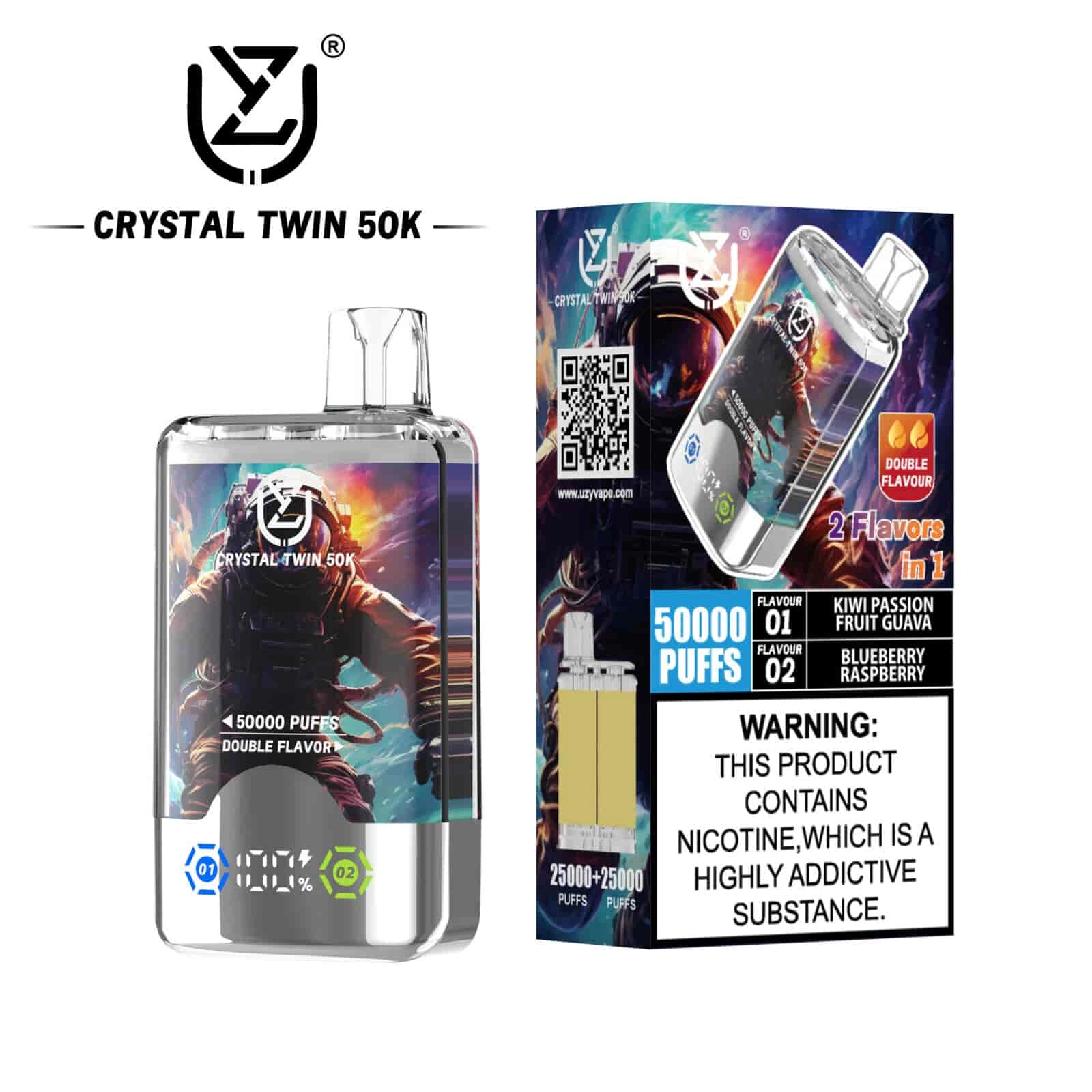 UZY Crystal Twin 50K Puffs Disposable Vape, Kiwi Passion Fruit Guava and Blueberry Raspberry dual-flavor variant, in supplier gallery artwork.
