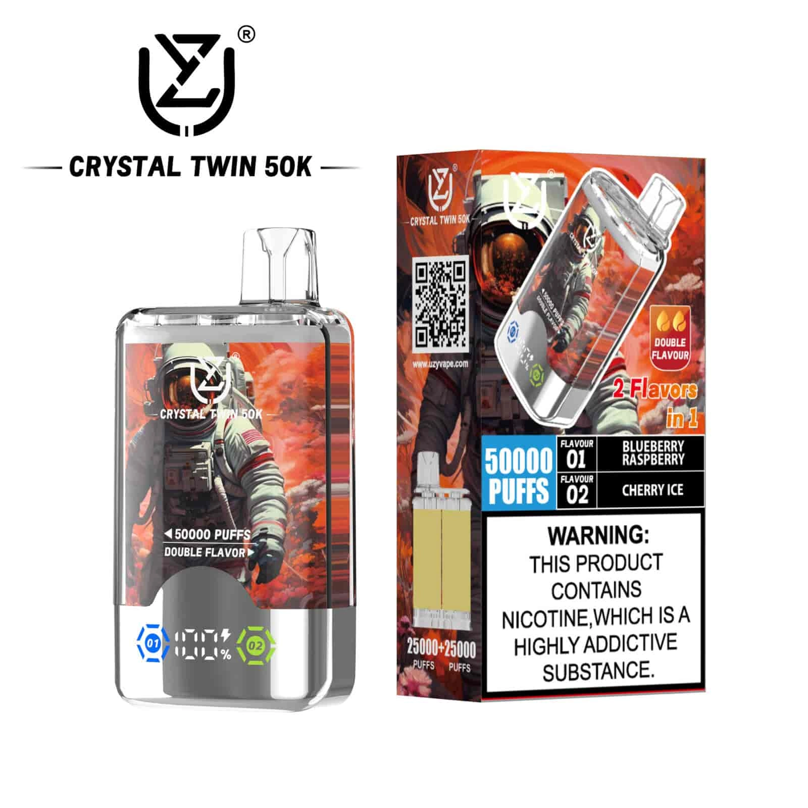 UZY Crystal Twin 50K Puffs Disposable Vape, Blueberry Raspberry and Cherry Ice dual-flavor variant, presented in the supplier gallery artwork.