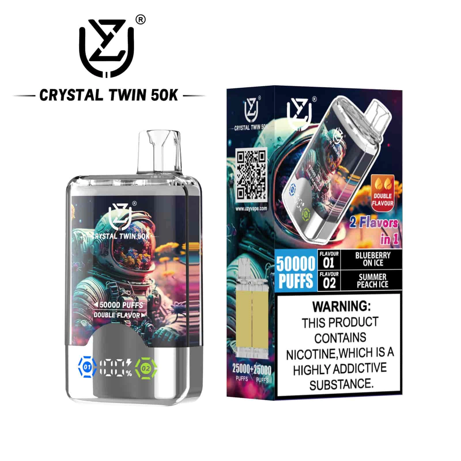 UZY Crystal Twin 50K Puffs Disposable Vape, Blueberry On Ice and Summer Peach Ice dual-flavor variant, presented in the supplier gallery artwork.