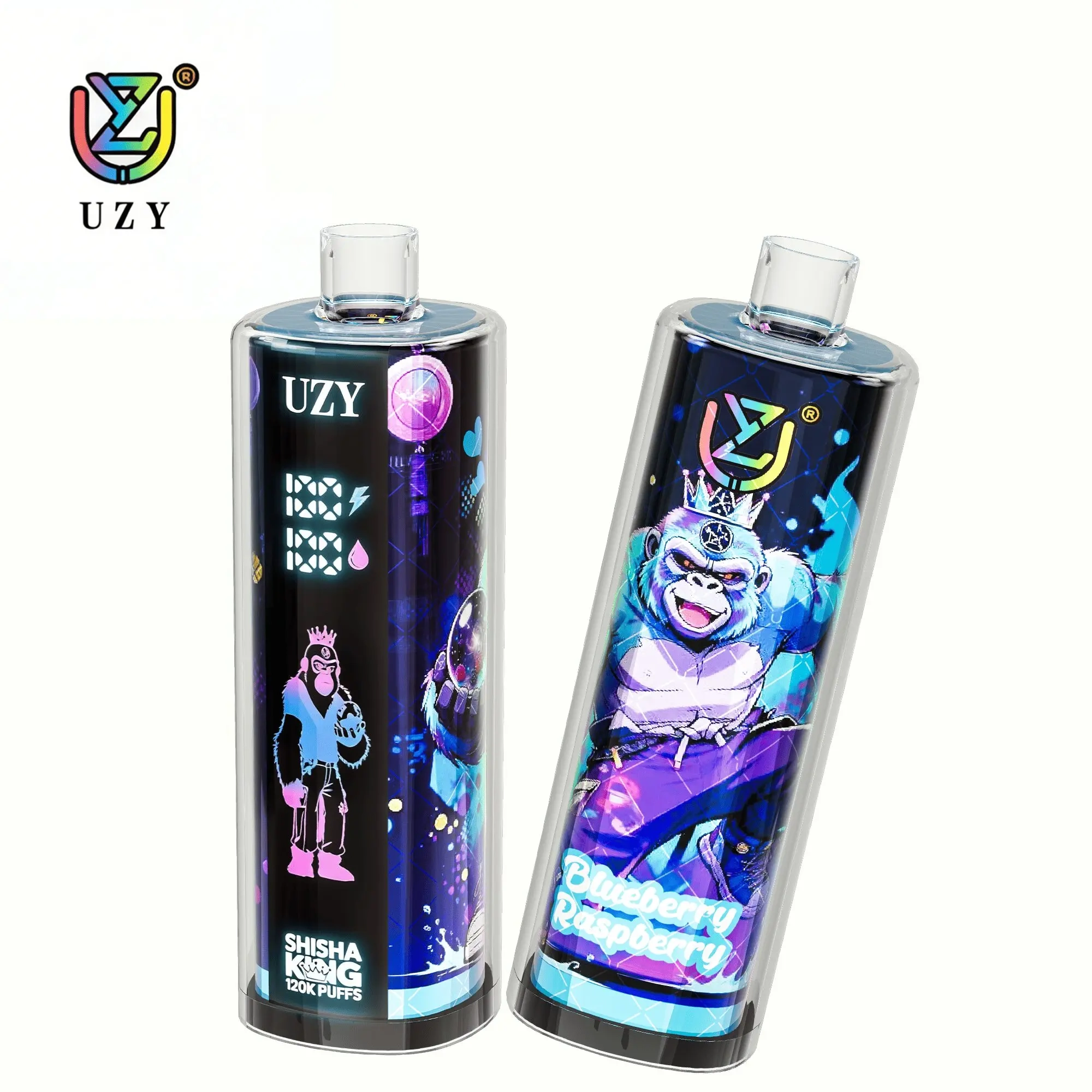 UZY Shisha Hookah King 120K Puffs Disposable Vape, purple and blue cylindrical pair with contrasting character artwork, in supplier gallery artwork.