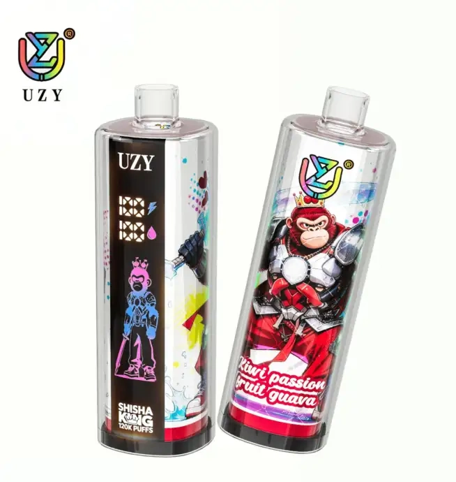 UZY Shisha Hookah King 120K Puffs Disposable Vape, black and red cylindrical pair with white and red character graphics, in supplier gallery artwork.