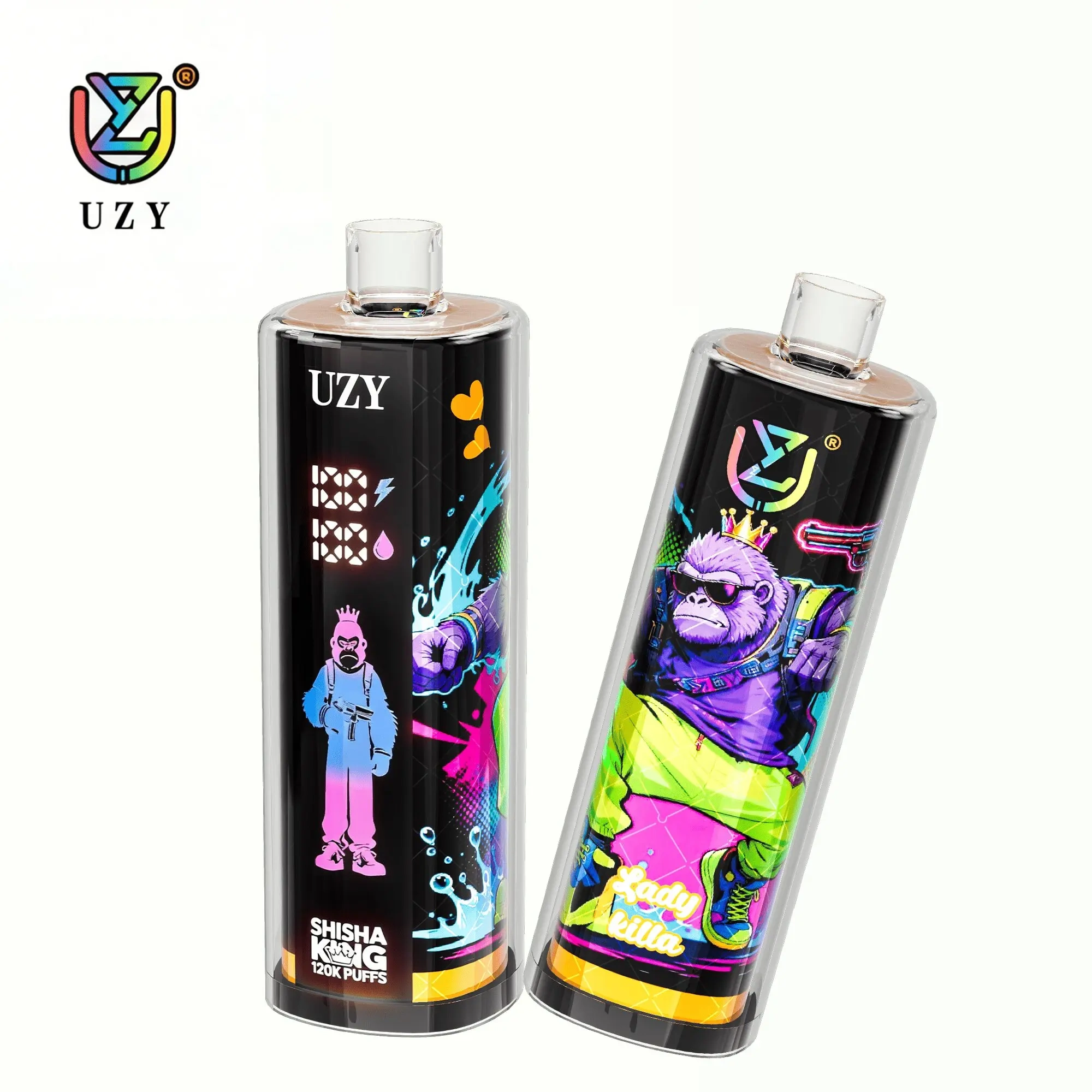 UZY Shisha Hookah King 120K Puffs Disposable Vape, black and yellow cylindrical pair with purple character graphics, in supplier gallery artwork.