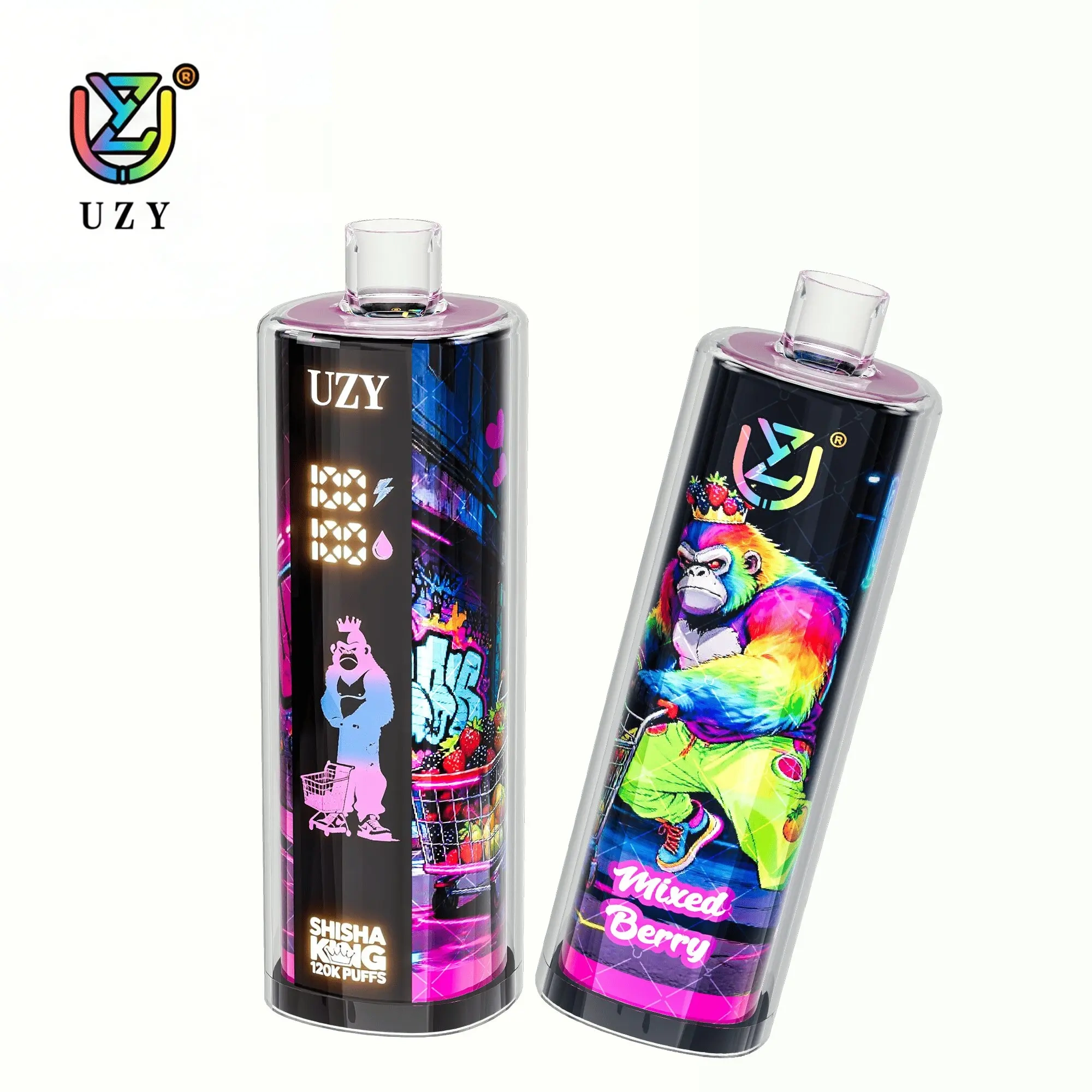 UZY Shisha Hookah King 120K Puffs Disposable Vape, black and pink cylindrical pair with neon character artwork, presented in the supplier gallery artwork.