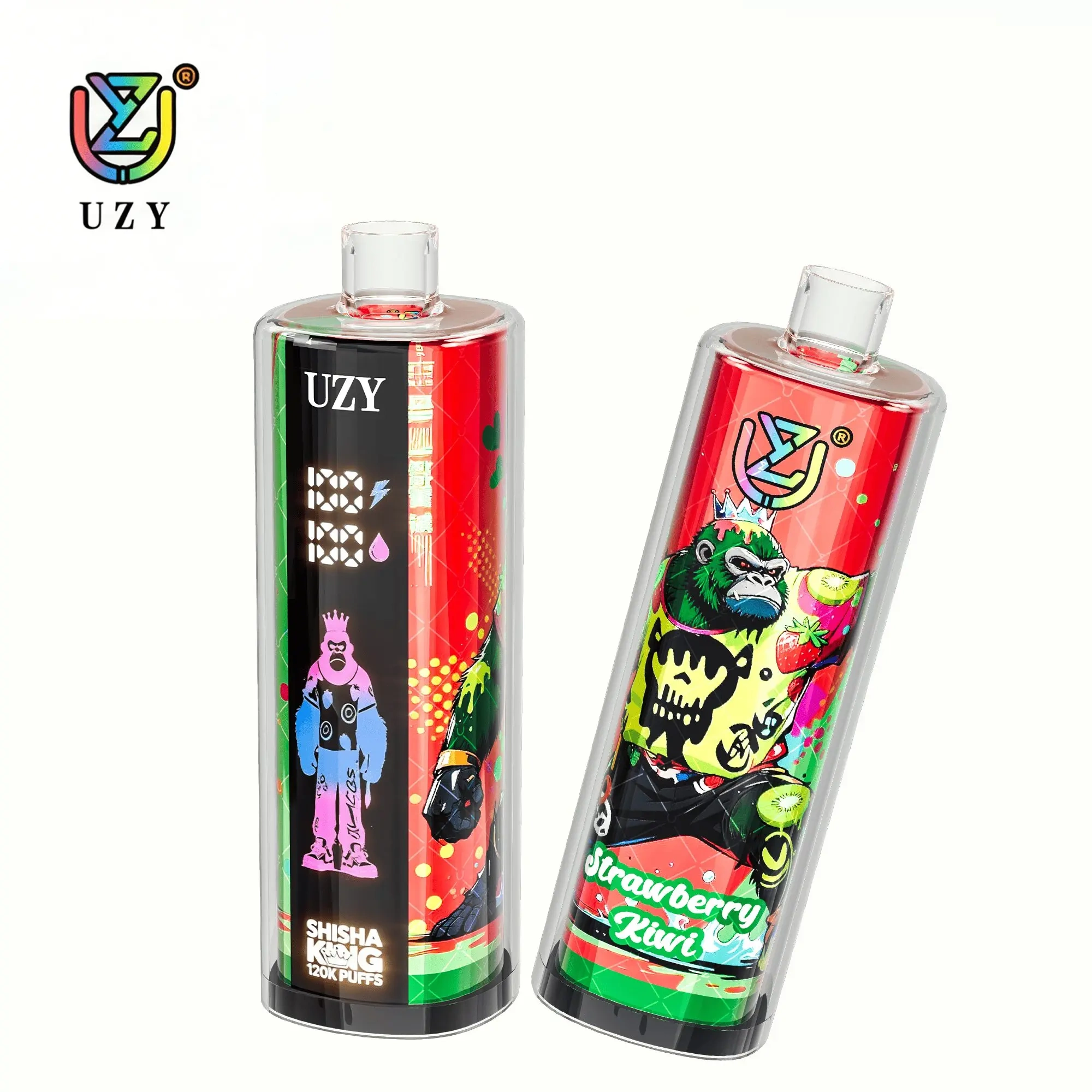 UZY Shisha Hookah King 120K Puffs Disposable Vape, black and red cylindrical pair with bright green character artwork, in supplier gallery artwork.