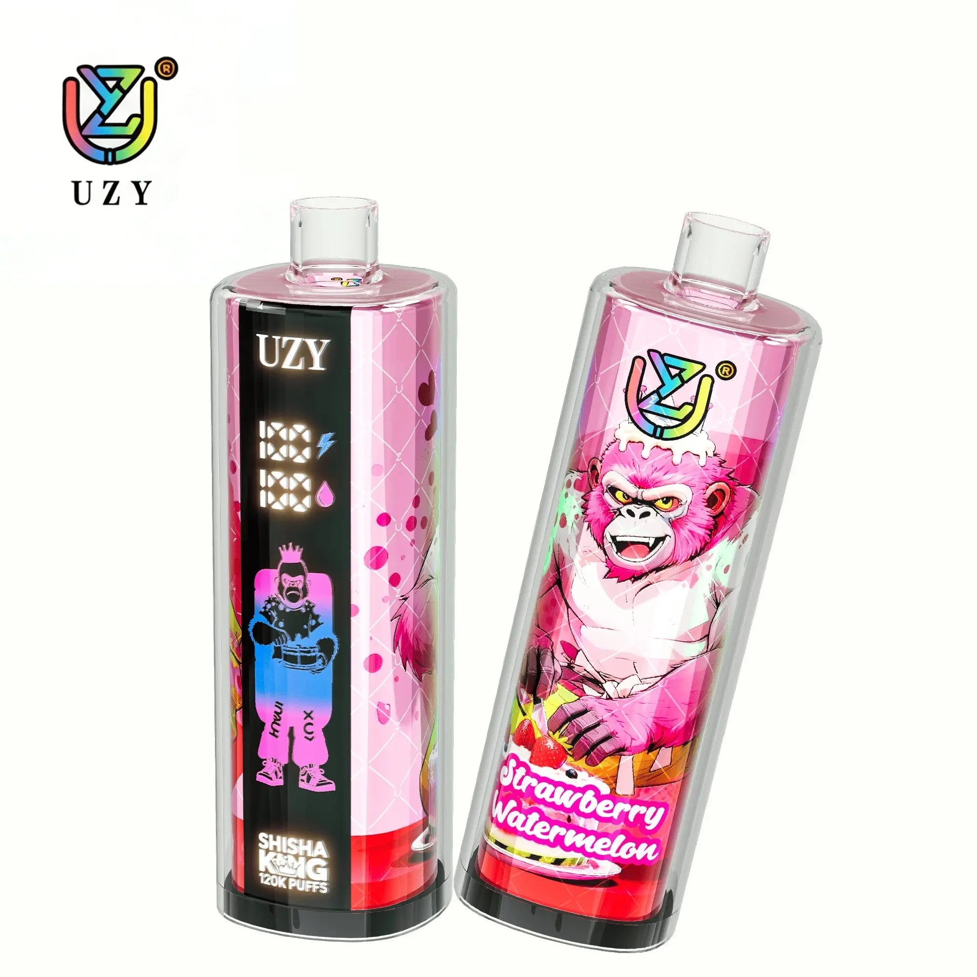 UZY Shisha Hookah King 120K Puffs Disposable Vape, black and pink cylindrical pair with white cat character artwork, in supplier gallery artwork.