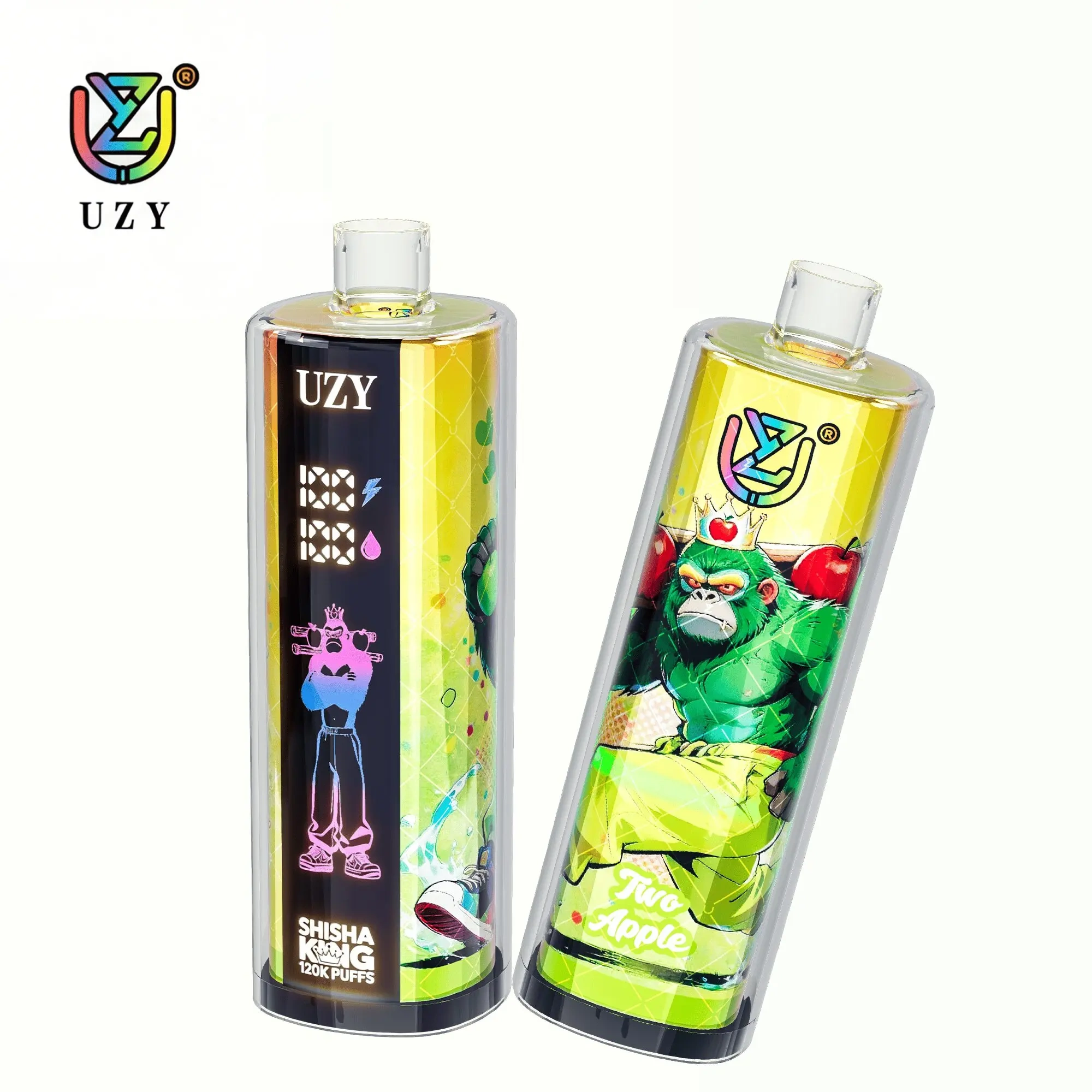 UZY Shisha Hookah King 120K Puffs Disposable Vape, black and yellow cylindrical pair with green character artwork, in supplier gallery artwork.