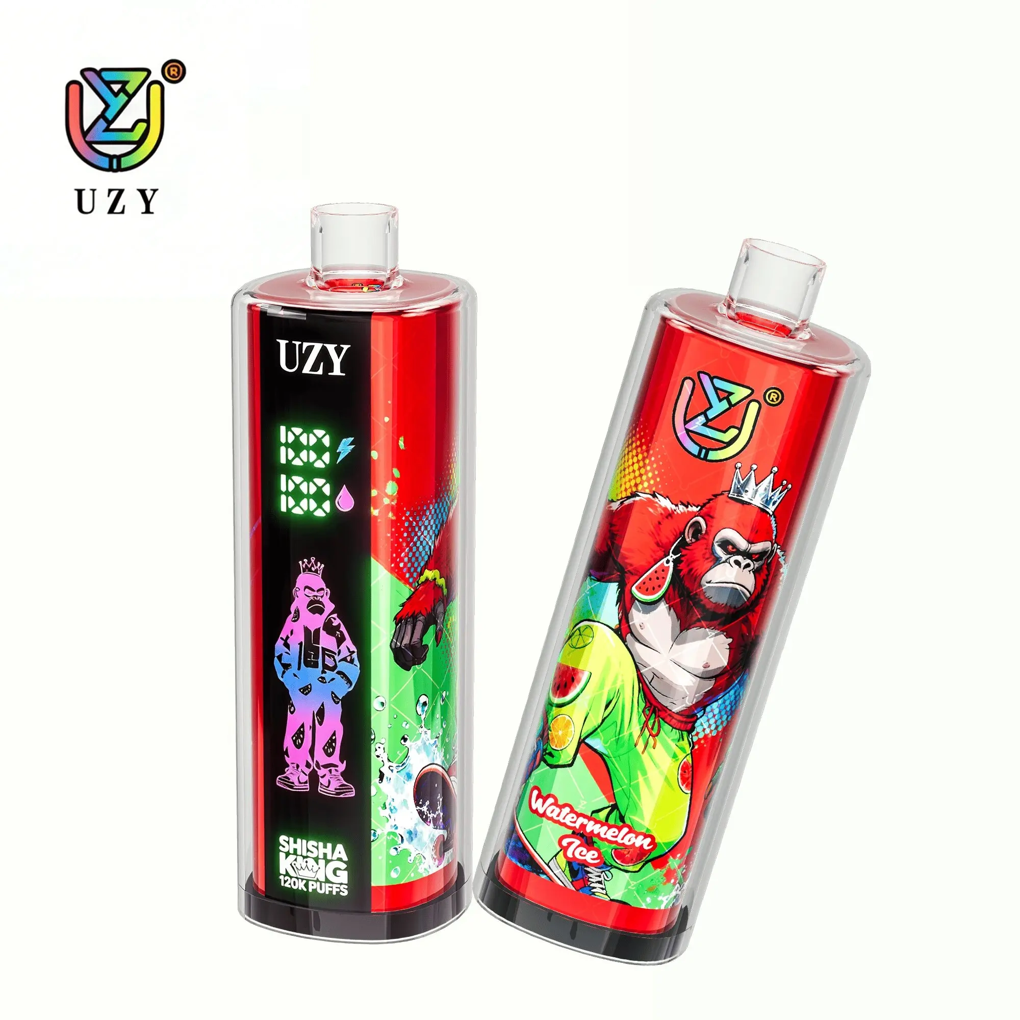UZY Shisha Hookah King 120K Puffs Disposable Vape, black and red cylindrical pair with white and green graphics, presented in the supplier gallery artwork.