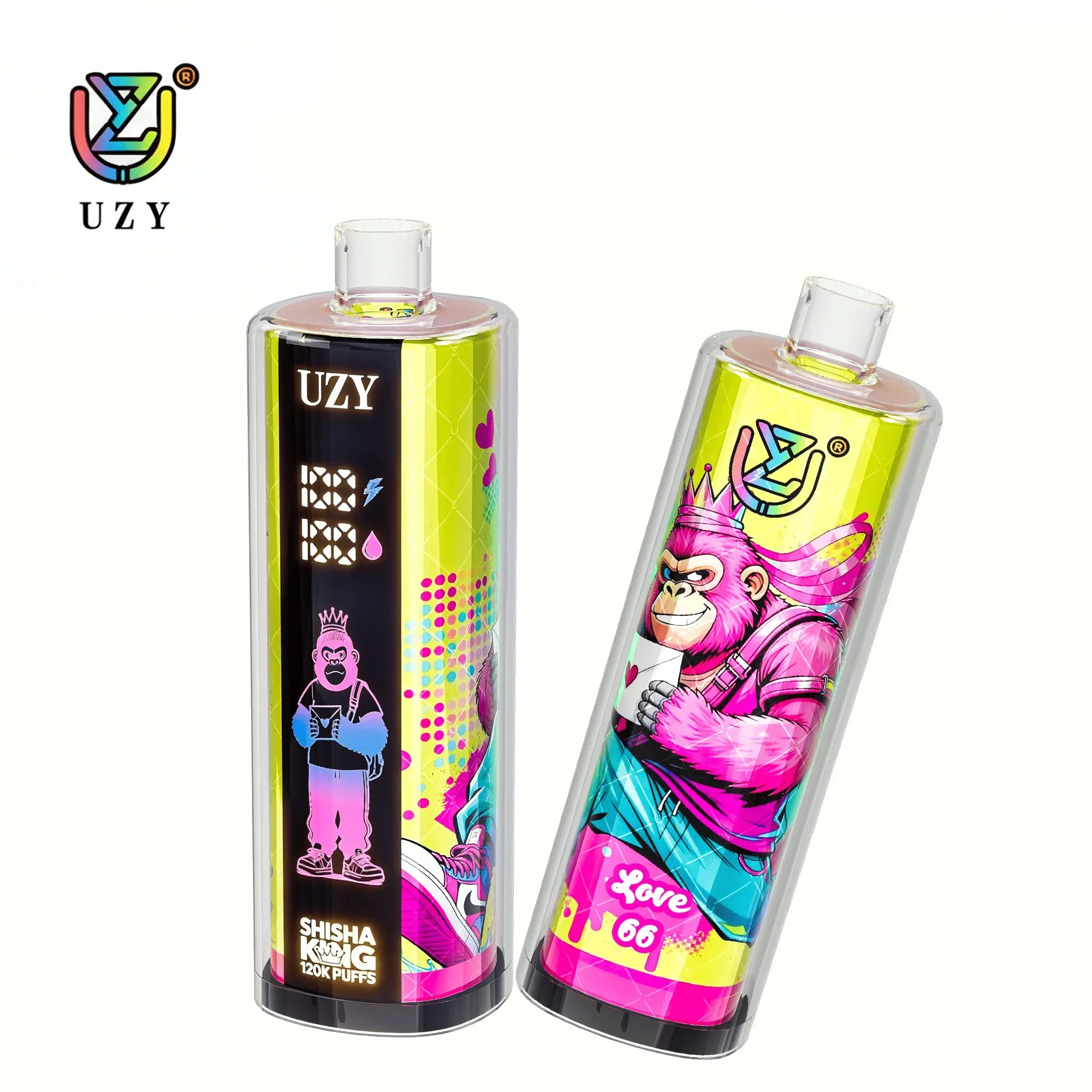 UZY Shisha Hookah King 120K Puffs Disposable Vape, black and yellow cylindrical pair with pink character artwork, in supplier gallery artwork.