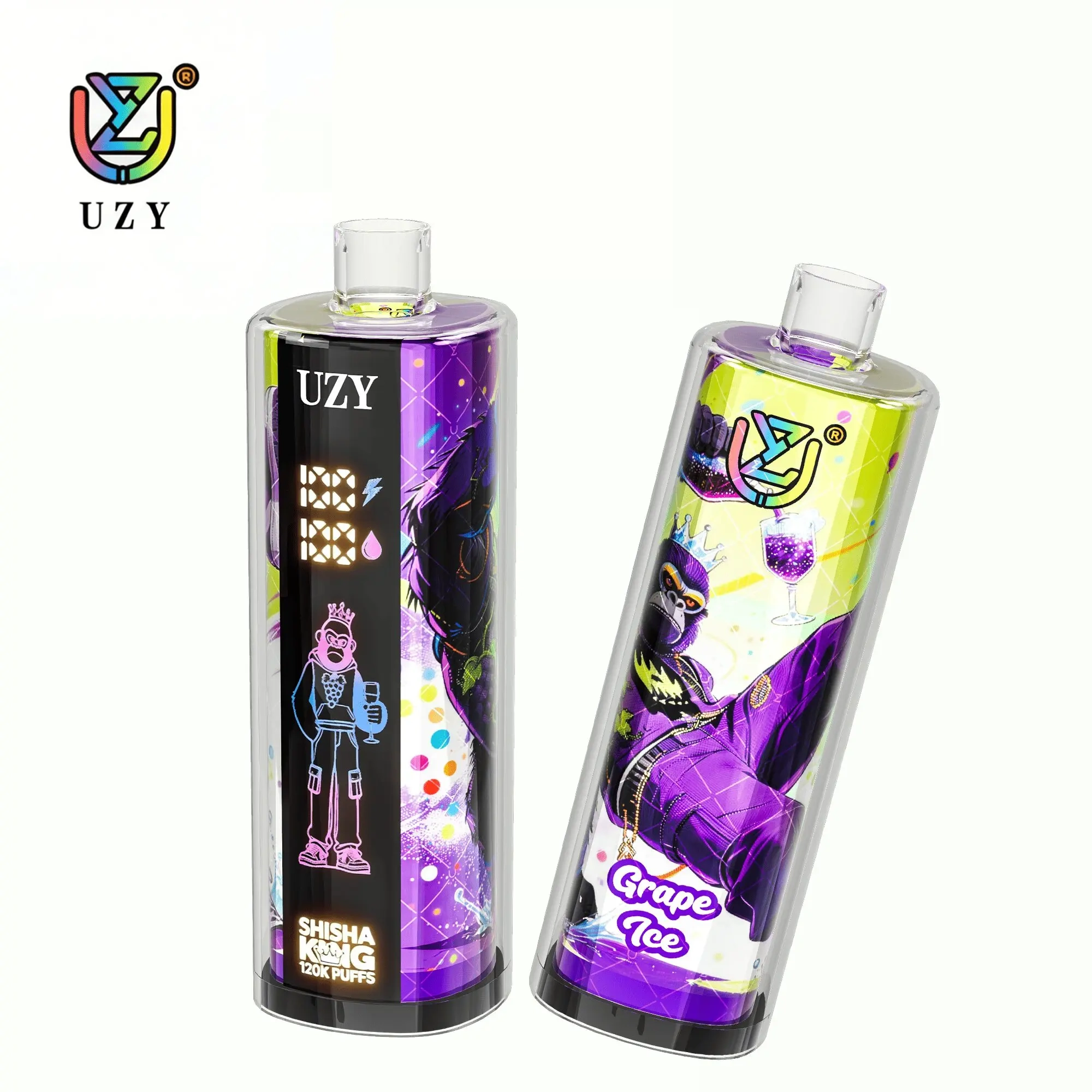 UZY Shisha Hookah King 120K Puffs Disposable Vape, black and purple cylindrical pair with violet character artwork, in supplier gallery artwork.