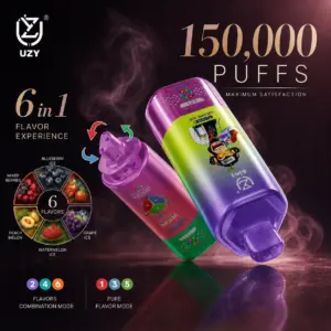 UZY 6-in-1 Flavor 150K Puffs Disposable Vape hero presentation showing the featured device design and display in the official product artwork.